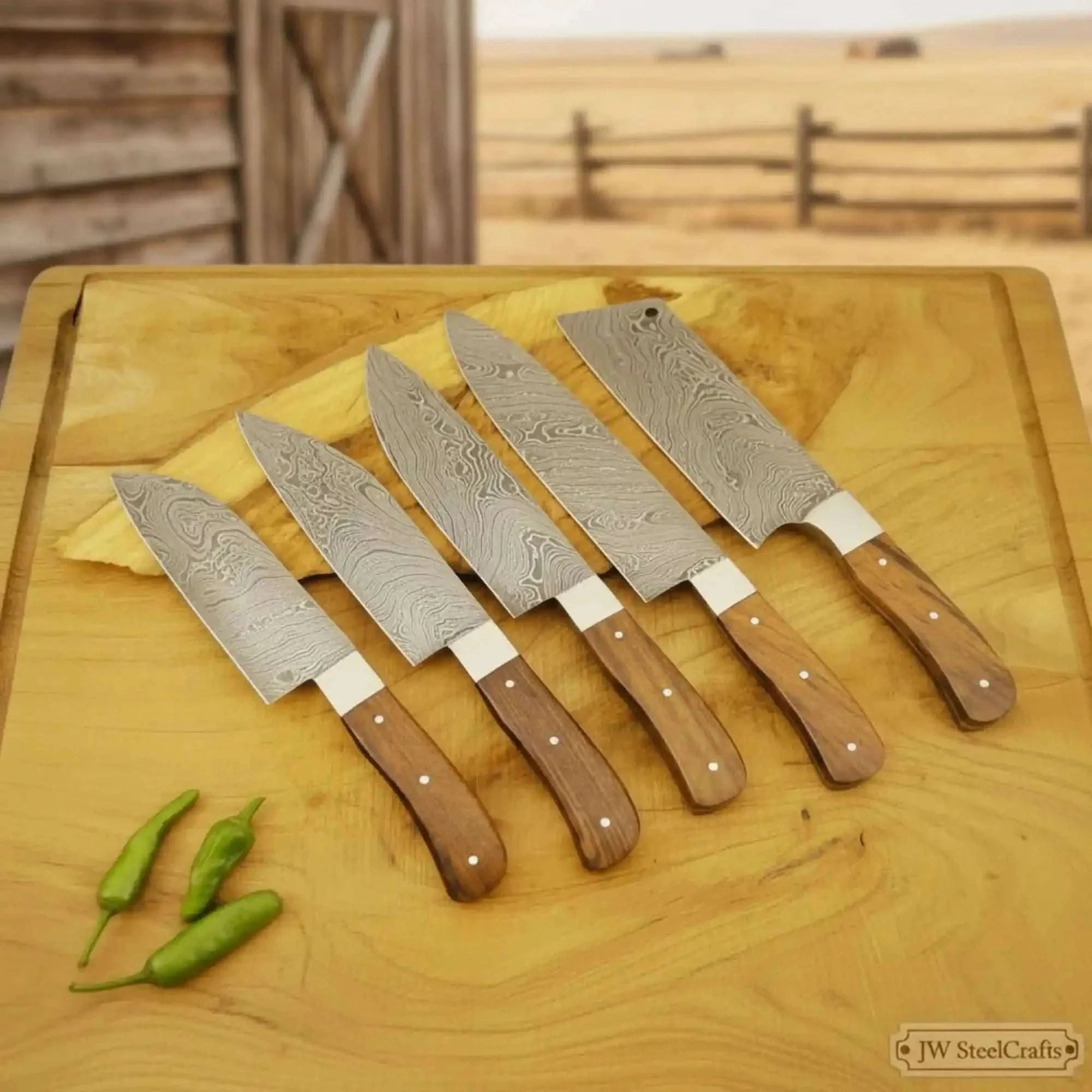 Palmarius Outdoors 5 Piece Damascus Kitchen Knife Set - Walnut Wood Handle Professional Cooking Knife Set Handmade Chef Knife Sets