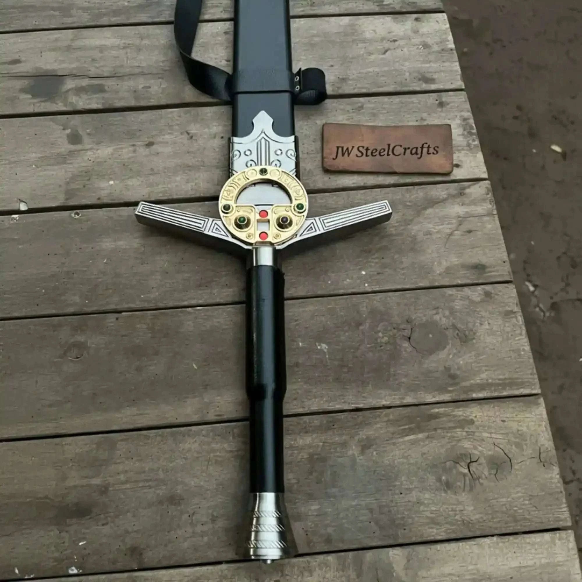Palmarius Outdoors King's Oath Fantasy Longsword Replica Gold Guard, Gemstone Inlays & Leather Scabbard 