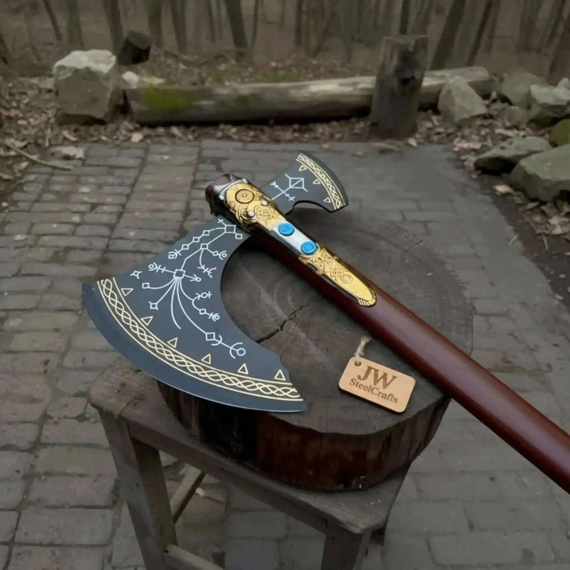 Palmarius Outdoors Hand Forged Viking Fantasy Double-Bit Axe with Norse Engraving, Gold Handle Fittings and Blue Gemstone Inlays Handmade Axe
