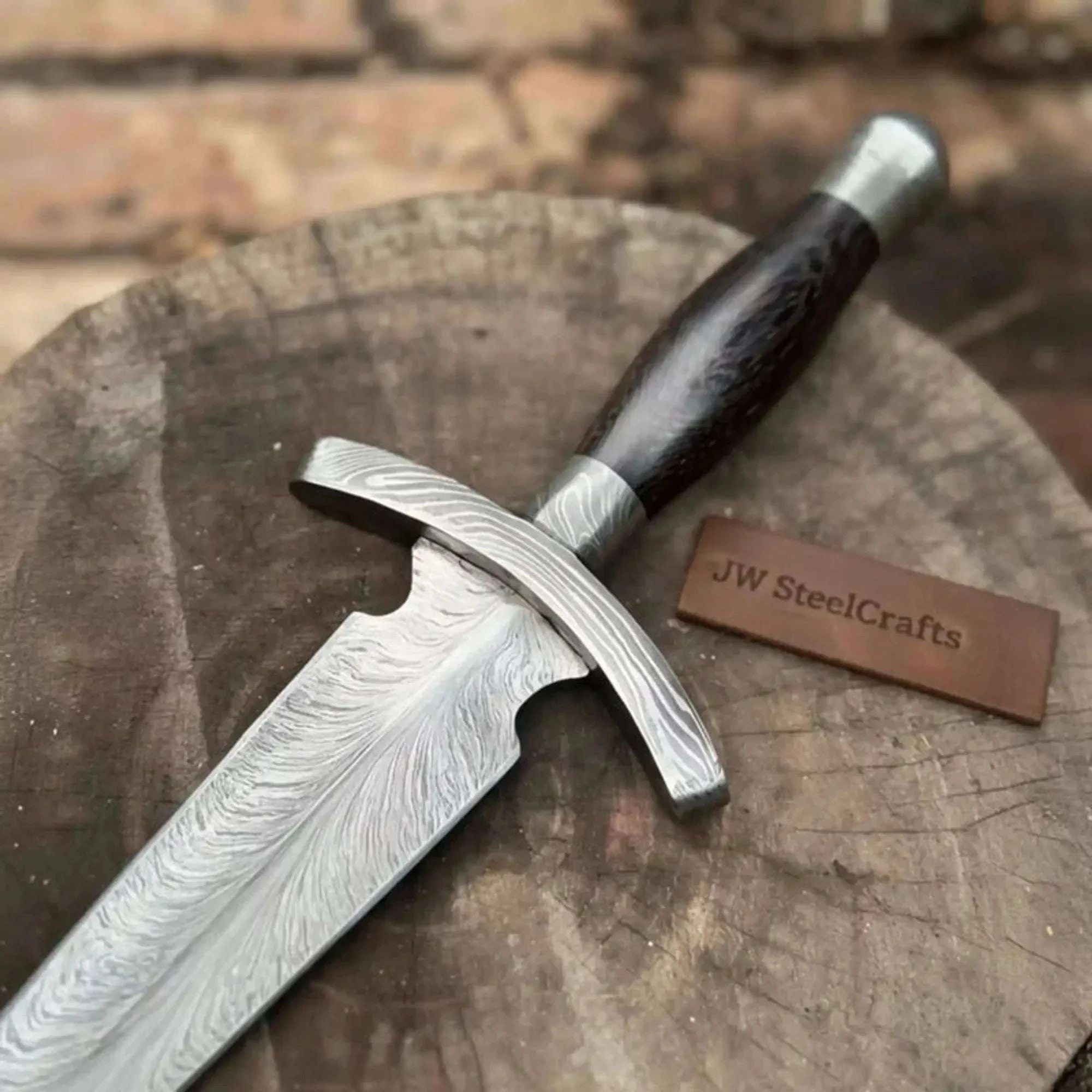 Palmarius Outdoors Damascus Double Edge Dagger 8” Knife Spear Point Blade Wooden Handle Crossguard Fixed Blade 