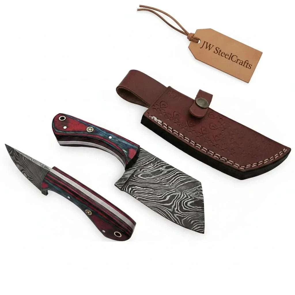 Palmarius Outdoors 6-Inch Forged Damascus Cleaver Knife — Red and Blue Pakka Wood Handle, Mosaic Pin, Lanyard Hole & Tooled Leather Sheath | JW Steel Crafts Skinner Knife