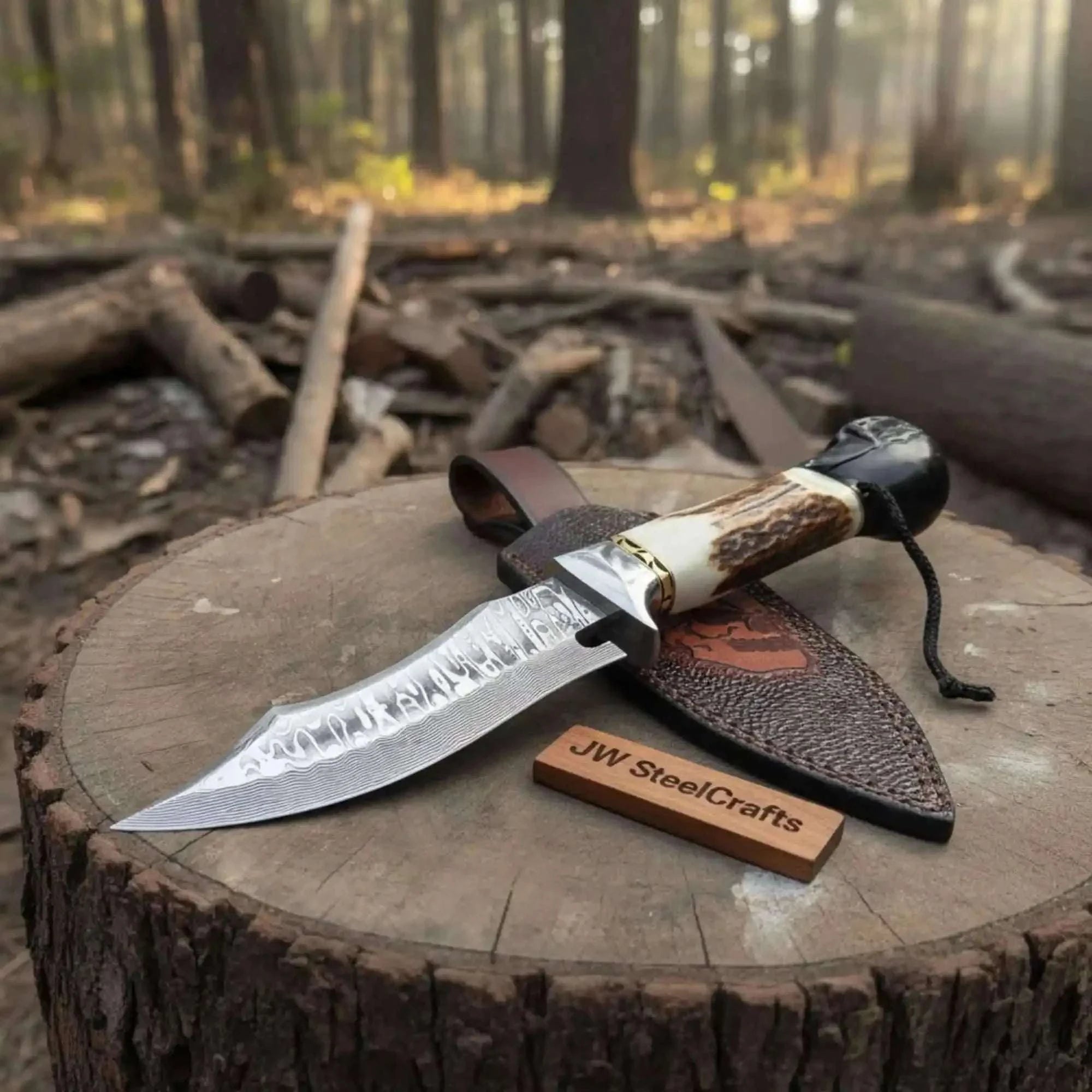 Palmarius Outdoors Handmade Damascus Hunting Knife with Stag Antler Handle & Custom Leather Sheath Damascus Bowie Knives