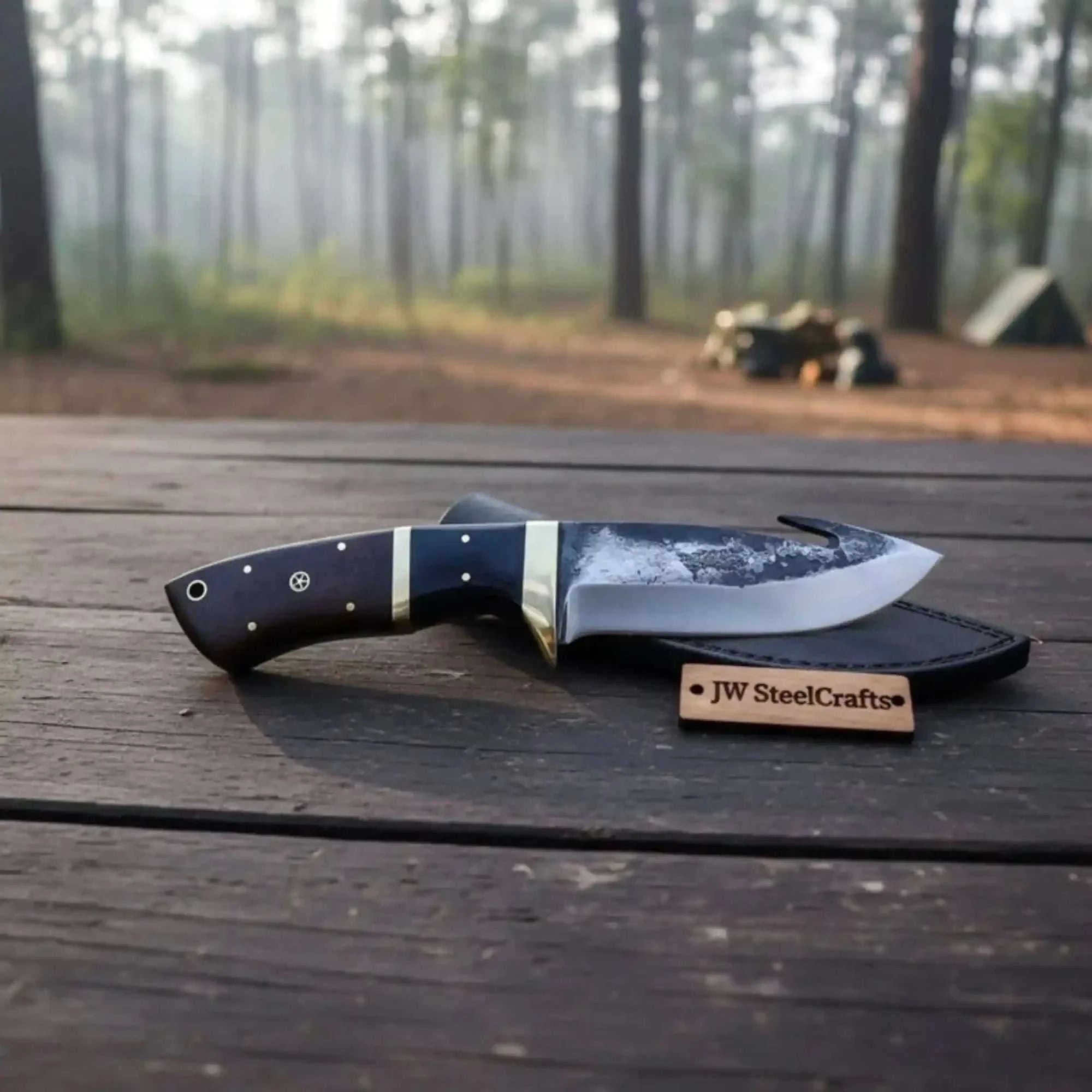 Palmarius Outdoors Gut hook knife with wood and brass handle. Handmade Gut Hook Knives