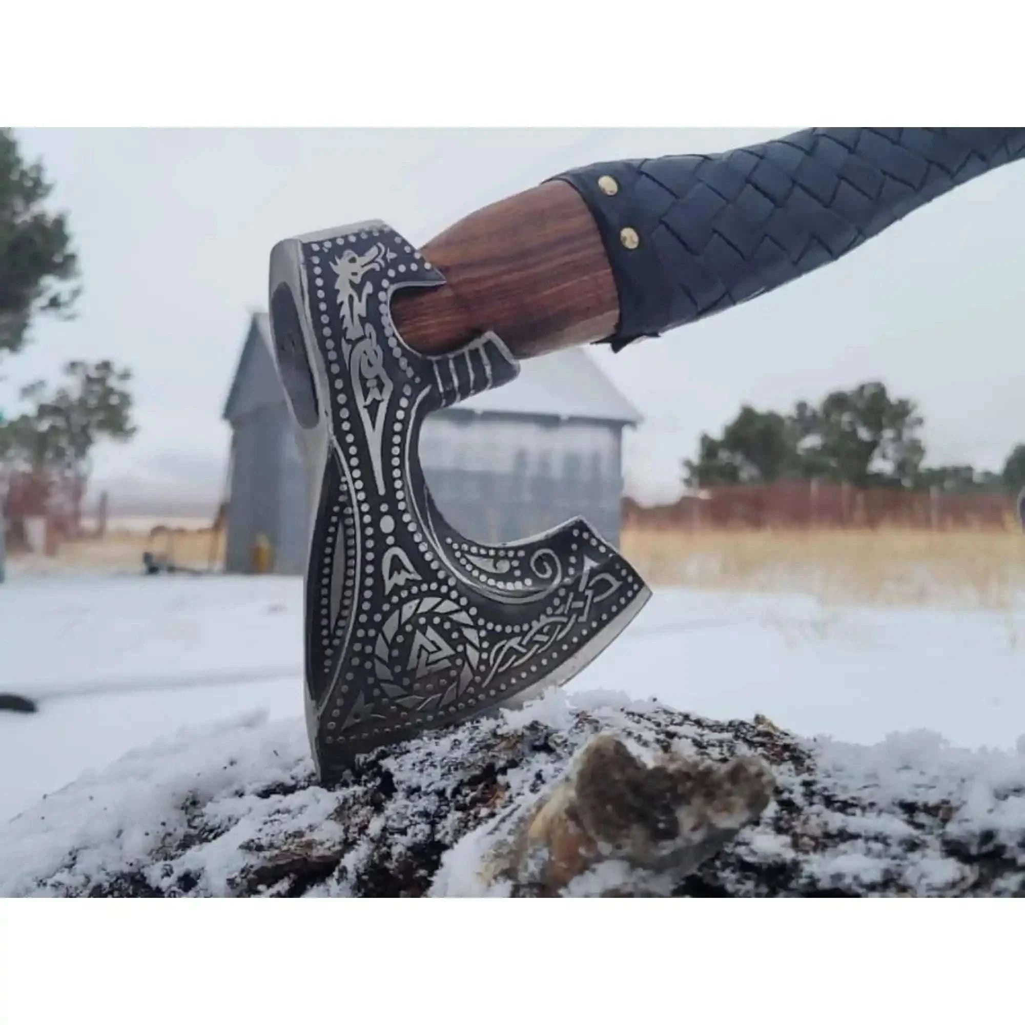 Palmarius Outdoors Norse Engraved Camp Hatchet with Leather Wrapped Handle and Belt Sheath | JW SteelCrafts Handmade Axe