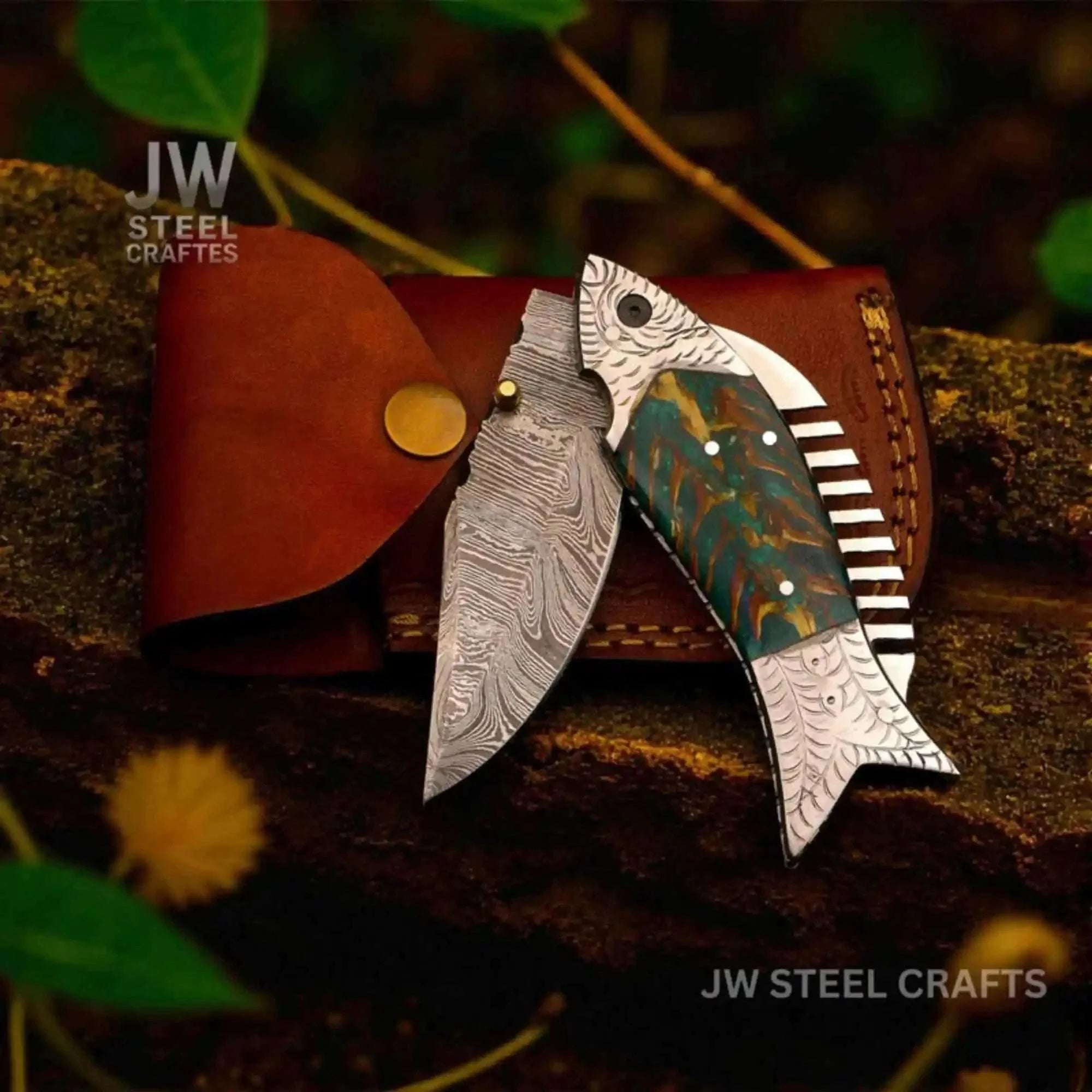 Palmarius Outdoors Forest-Inspired Damascus Fish Knife with Green Pinecone Resin Handle Liner Lock Folder