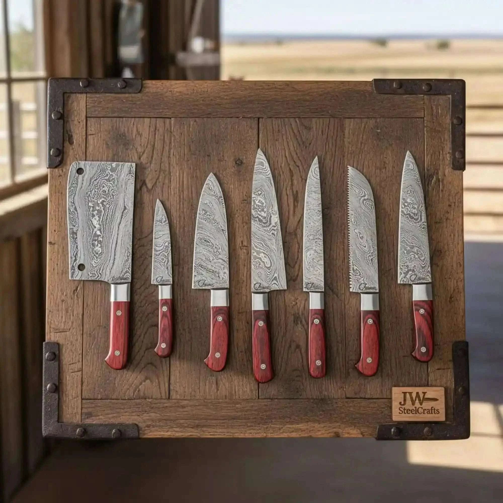 Palmarius Outdoors Hammer Forged 7-Piece Chef Damascus Knife Set with Red Pakka Wood Handles Handmade Chef Knife Sets
