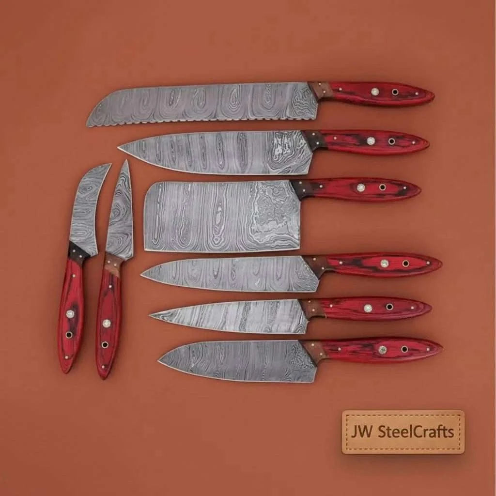 Palmarius Outdoors 8 Piece Damascus Knife Set with Red Pakka Handles and Leather Roll Handmade Chef Knife Sets