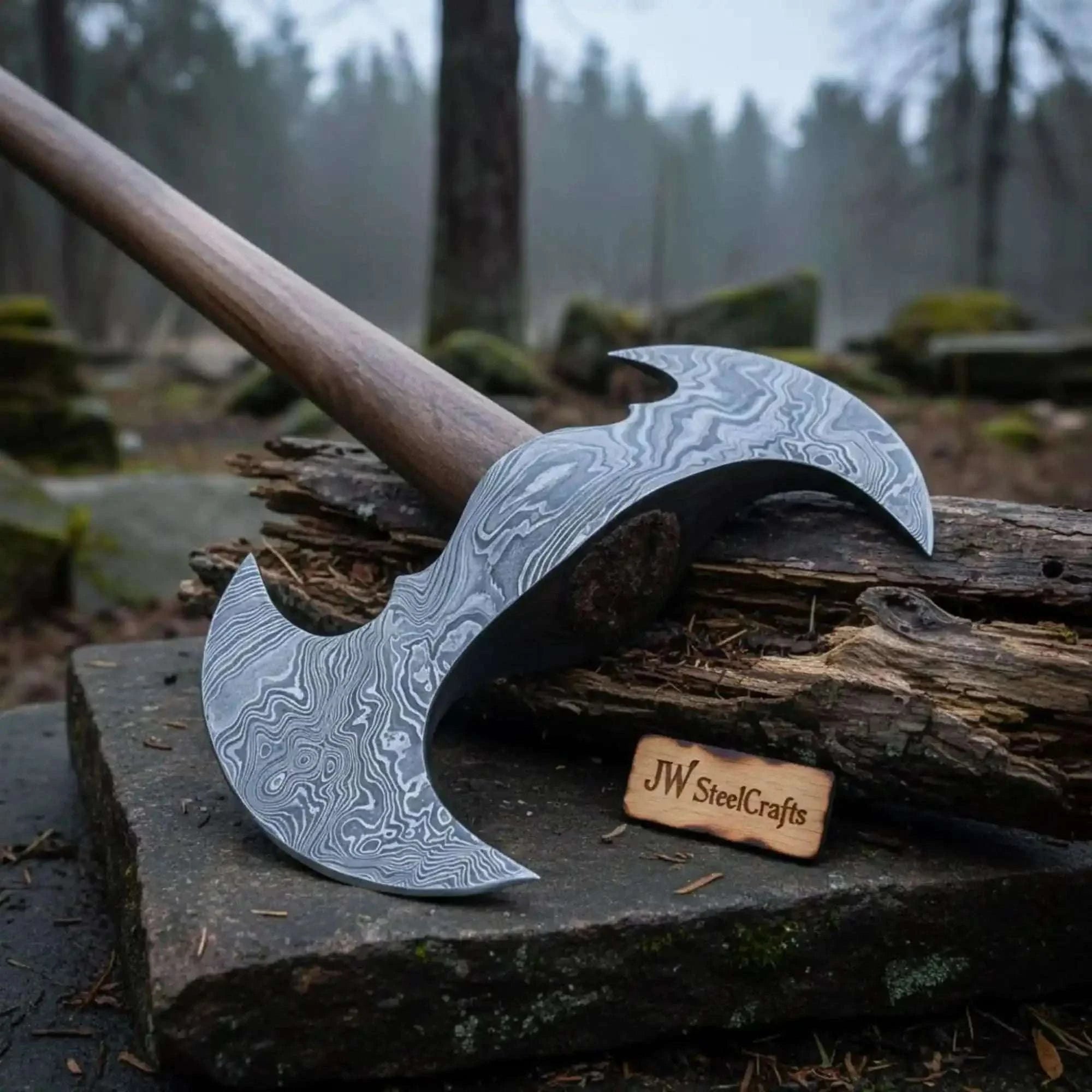 Palmarius Outdoors Custom Hand Forged Damascus Steel Viking Double Bit Throwing Axe with Hardwood Handle and Leather Sheath | JW SteelCrafts Handmade Axe