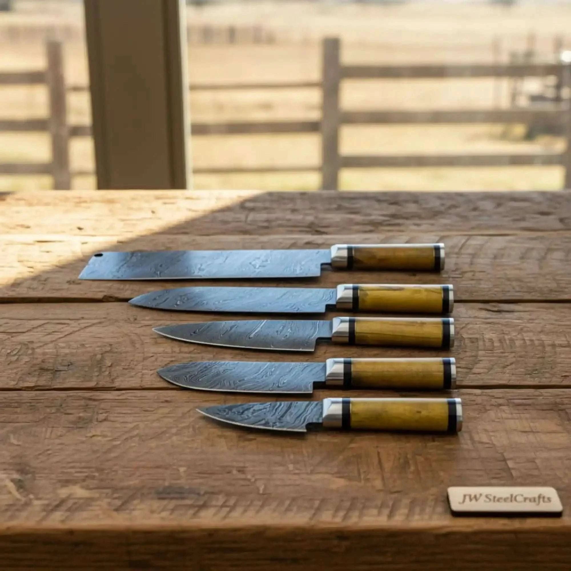 Palmarius Outdoors Custom Forged Damascus 5-Knife Chef Set — Olive Wood Handles, Pro Grade Handmade Chef Knife Sets