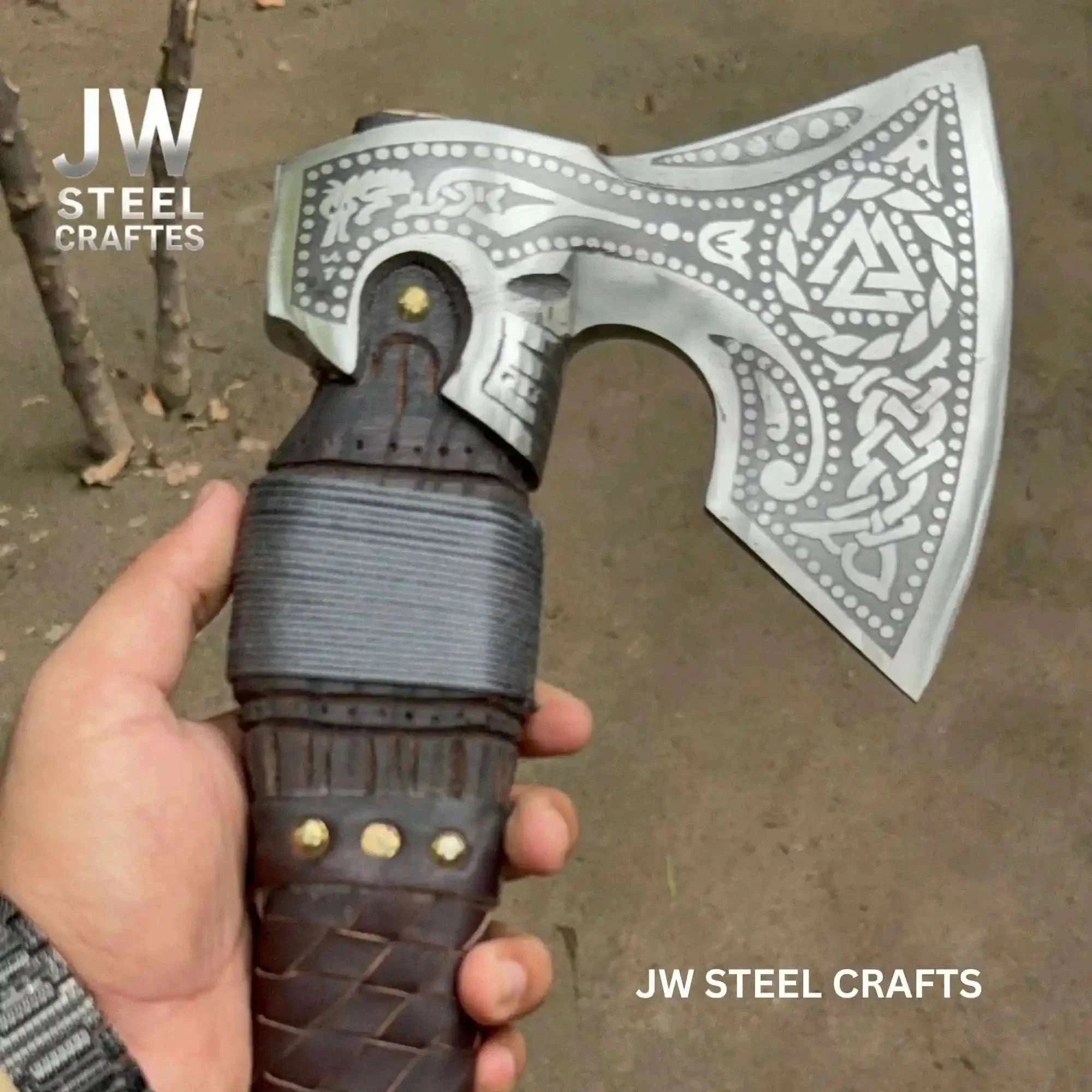 Palmarius Outdoors Engraved Norse Valknut Hatchet with Braided Leather Handle Handmade Axe