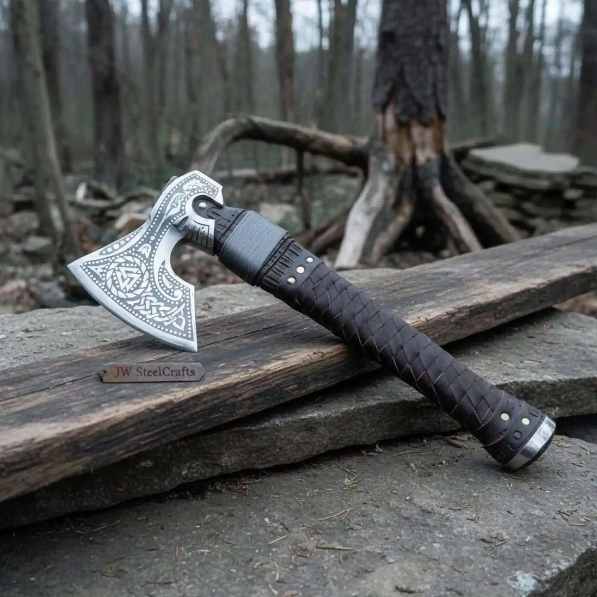Palmarius Outdoors Engraved Norse Valknut Hatchet with Braided Leather Handle Handmade Axe
