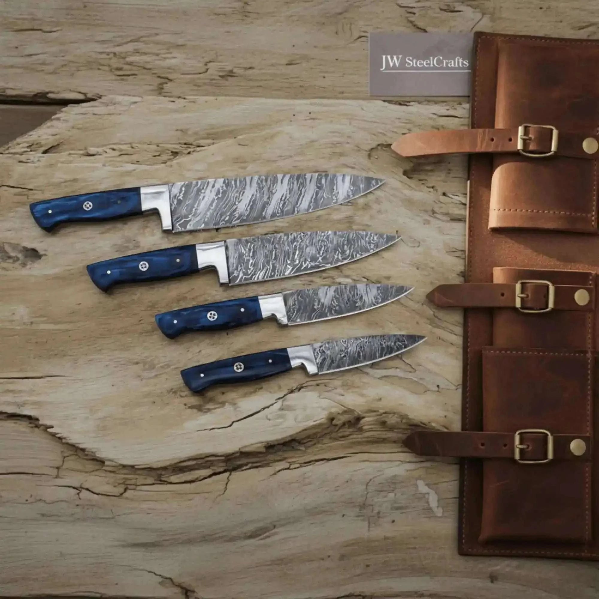 Palmarius Outdoors 4-Piece Damascus Chef Knife — Fire Pattern Damascus Blades, Blue Pakka Wood Handles Steak Knives