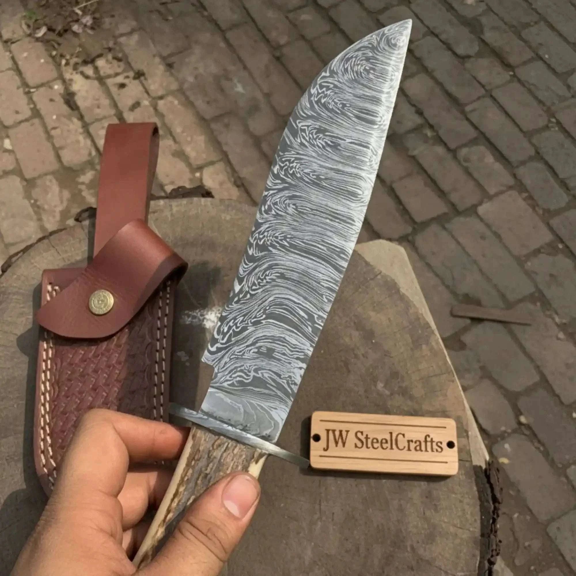 Palmarius Outdoors Timberhorn Bowie Blade Handmade 8" Clip Point Hunting Blade with Stag Handle & Leather Sheath Boot Knife