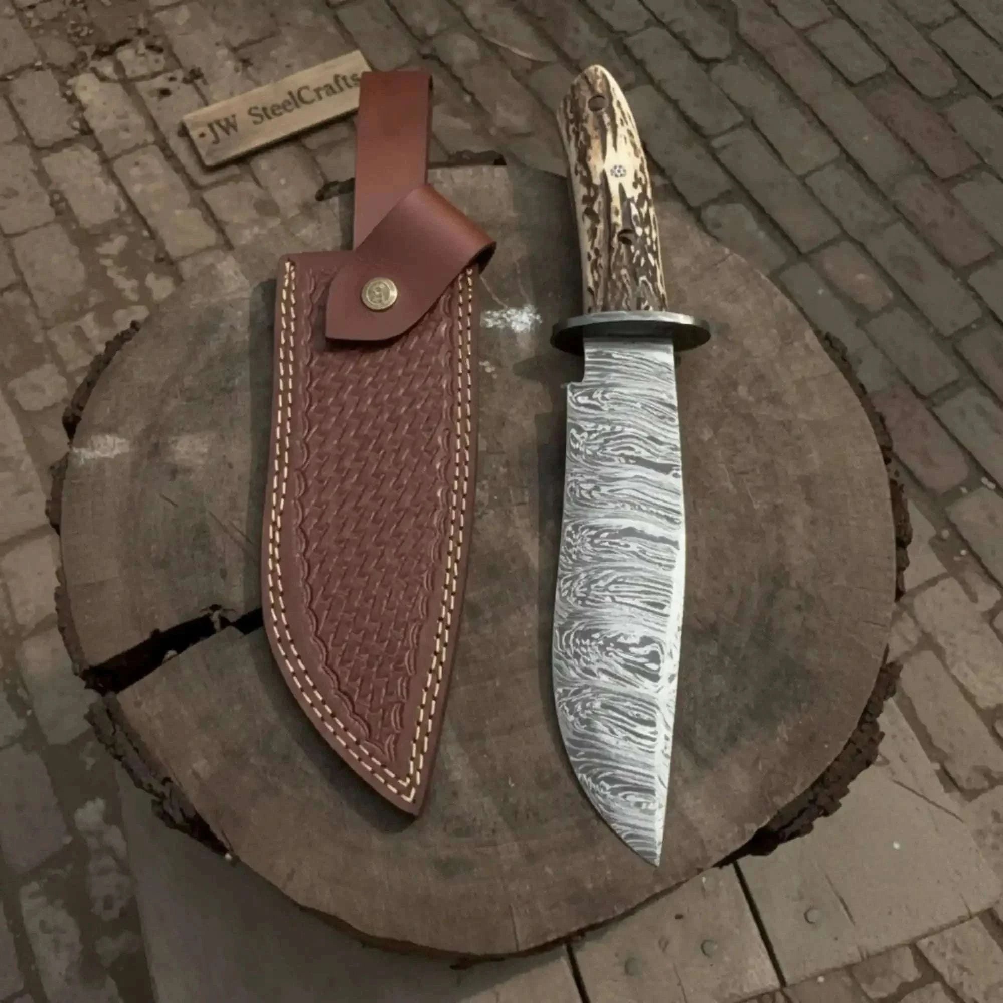 Palmarius Outdoors Timberhorn Bowie Blade Handmade 8" Clip Point Hunting Blade with Stag Handle & Leather Sheath Boot Knife