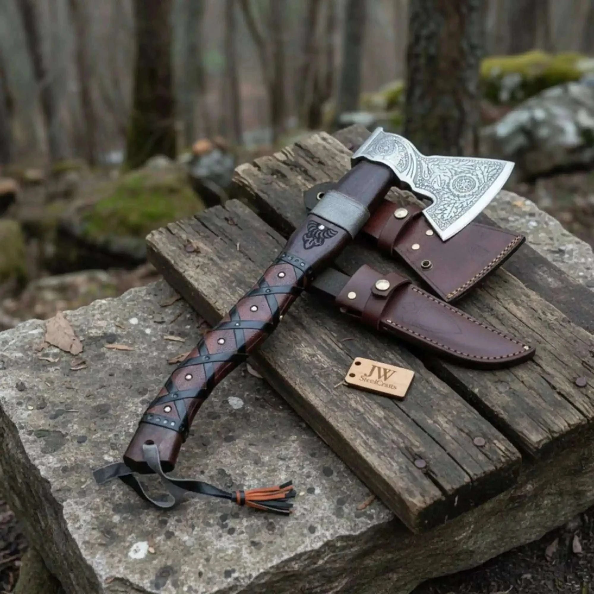 Palmarius Outdoors Viking Bearded Axe with Norse Engraved Blade and Leather Sheath Handmade Axe
