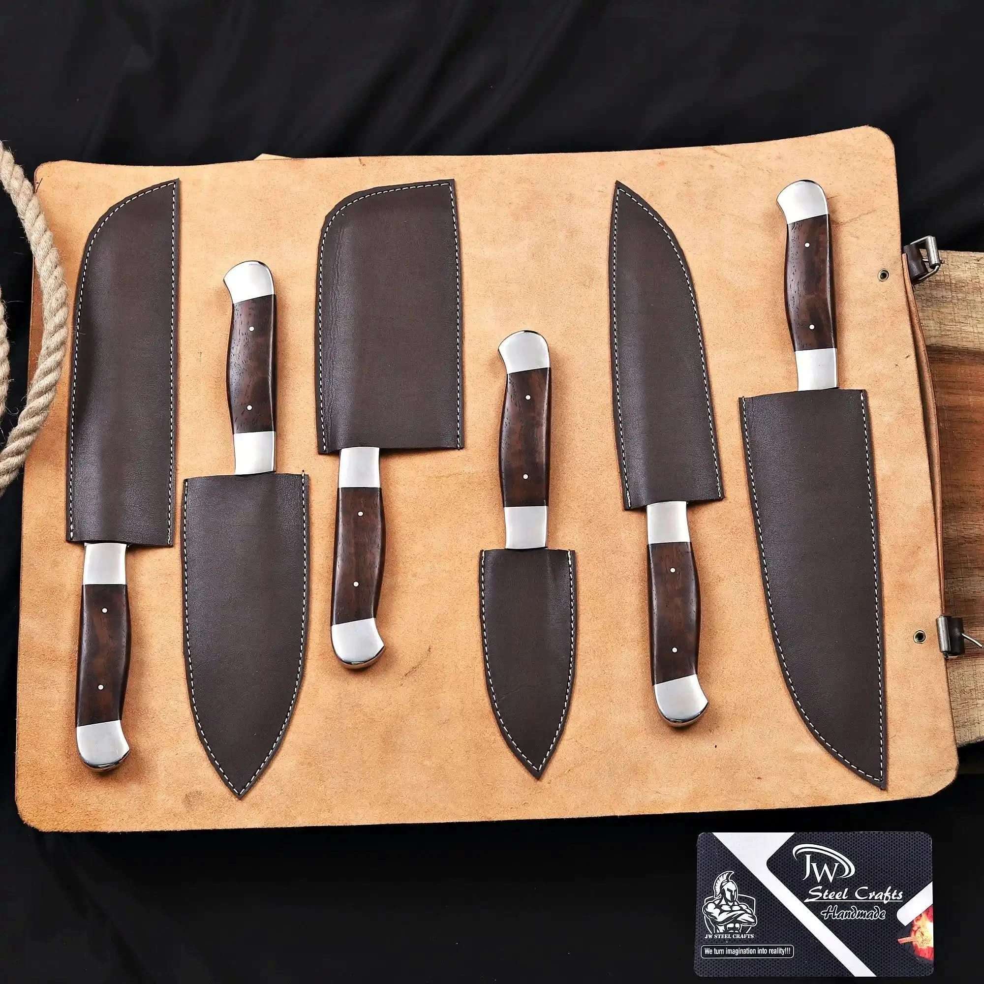 Palmarius Outdoors 6-Piece High Carbon Steel Kitchen Knife Set with Leather Roll — Olive Wood Handles, Steel Bolsters, 7 to 12 Inc Handmade Chef Knife Sets