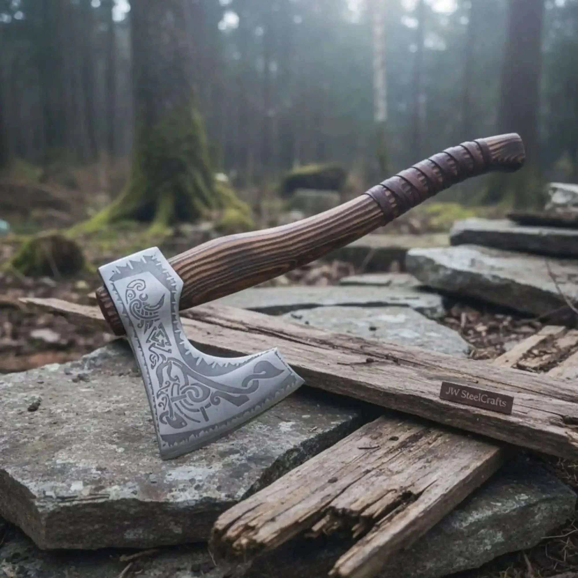 Palmarius Outdoors Engraved Carbon Steel Ragnar Axe with Bearded Head Handmade Axe
