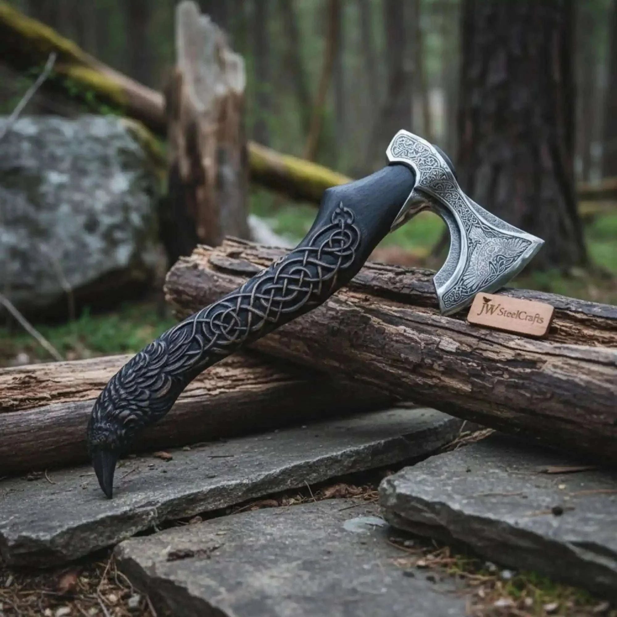 Palmarius Outdoors Handcrafted Viking-Style Bearded Axe with Engraved Steel Head and Carved Hardwood Handle Handmade Axe