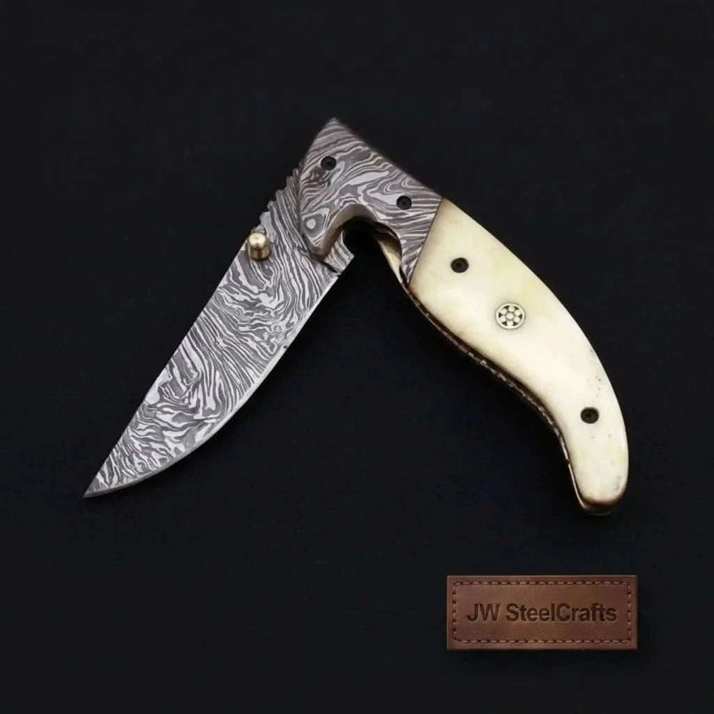 Palmarius Outdoors Frontrunner Camel Bone folding knife with Leather Sheath Liner Lock Folder