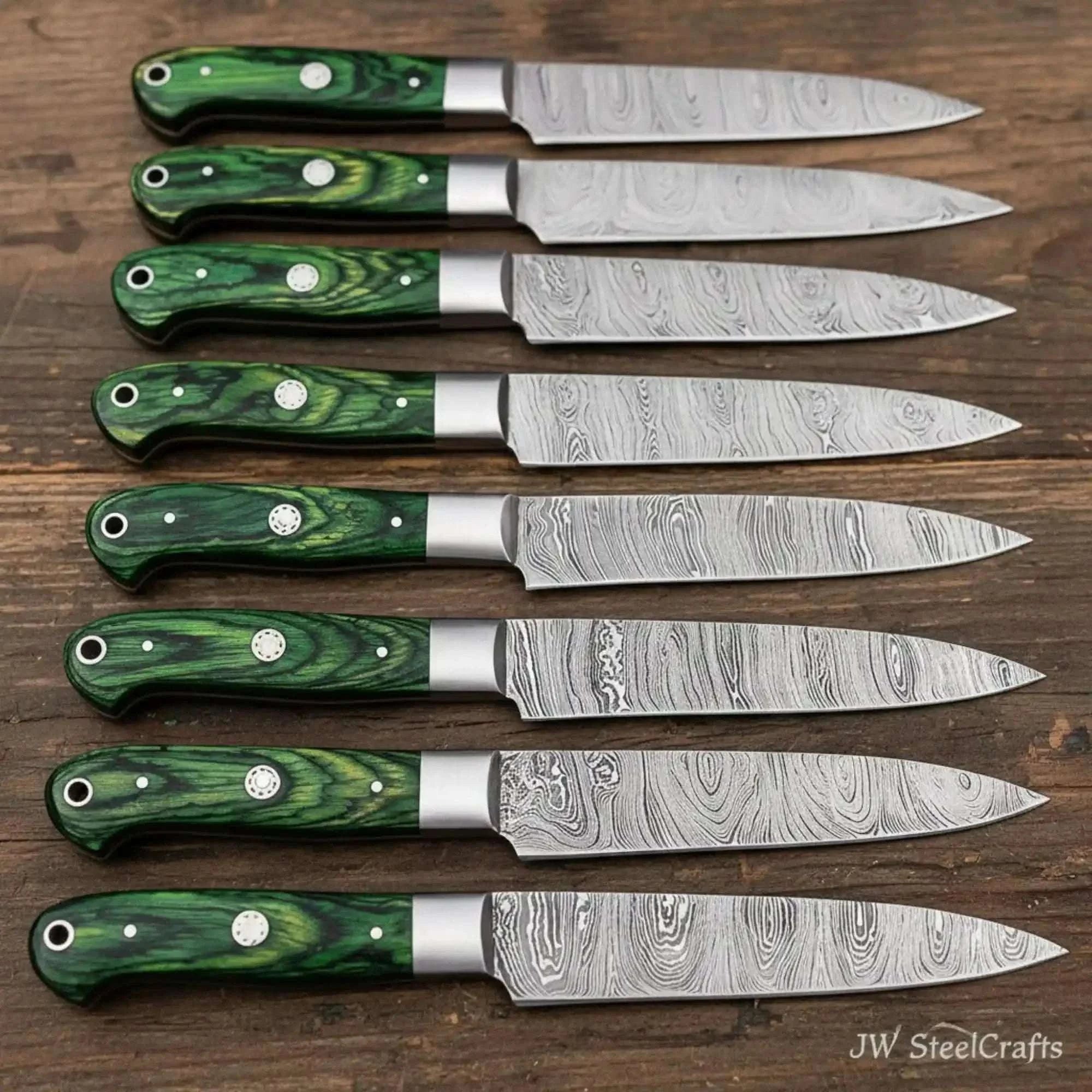 Palmarius Outdoors Handmade Damascus Steak Knife Set – Green Pakkawood Handles, Steel Bolsters & Full Tang Blades Handmade Chef Knife Sets
