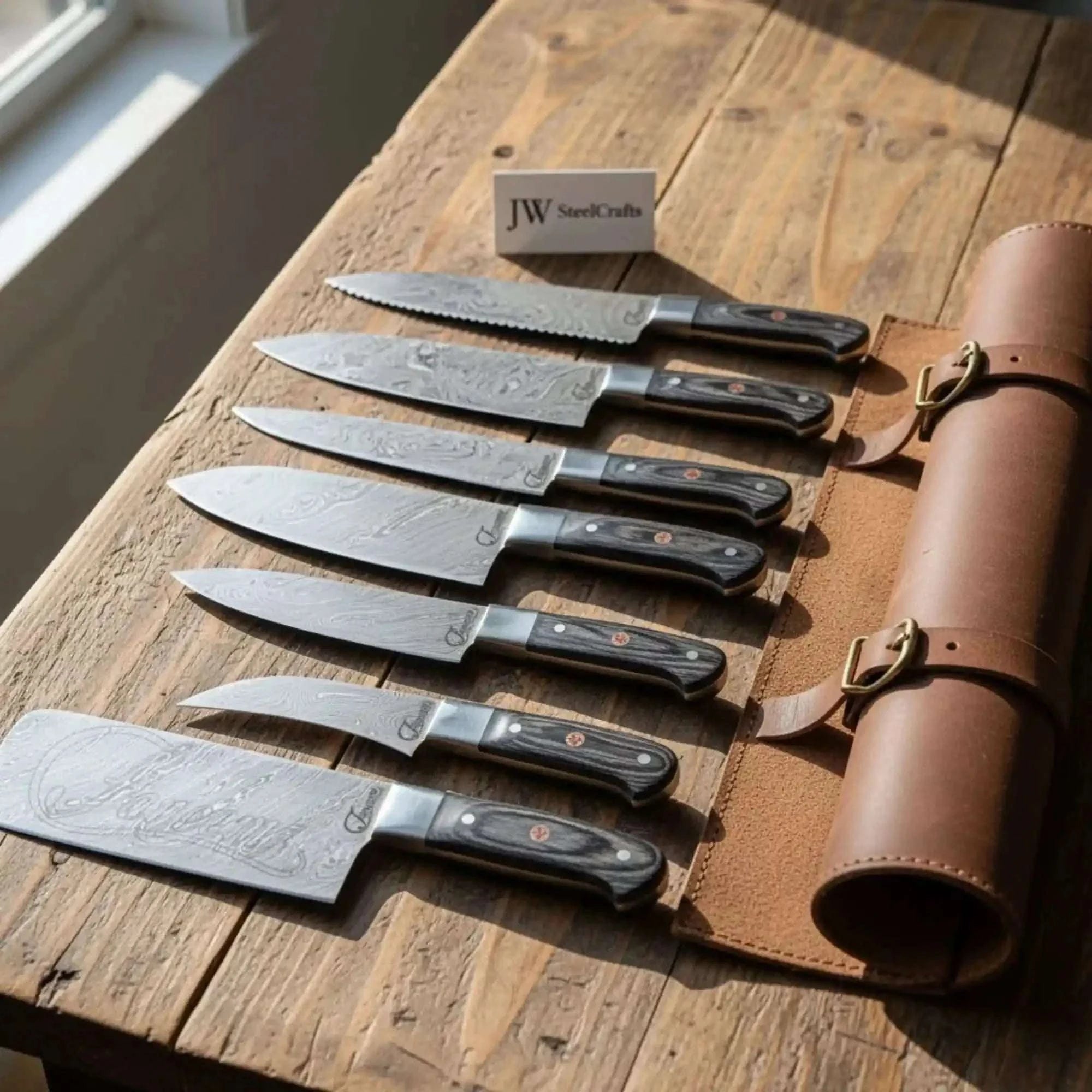 Palmarius Outdoors 7-Piece Hammer Forged Damascus Chef Knife Set with Black Pakka Wood Handles Handmade Chef Knife Sets