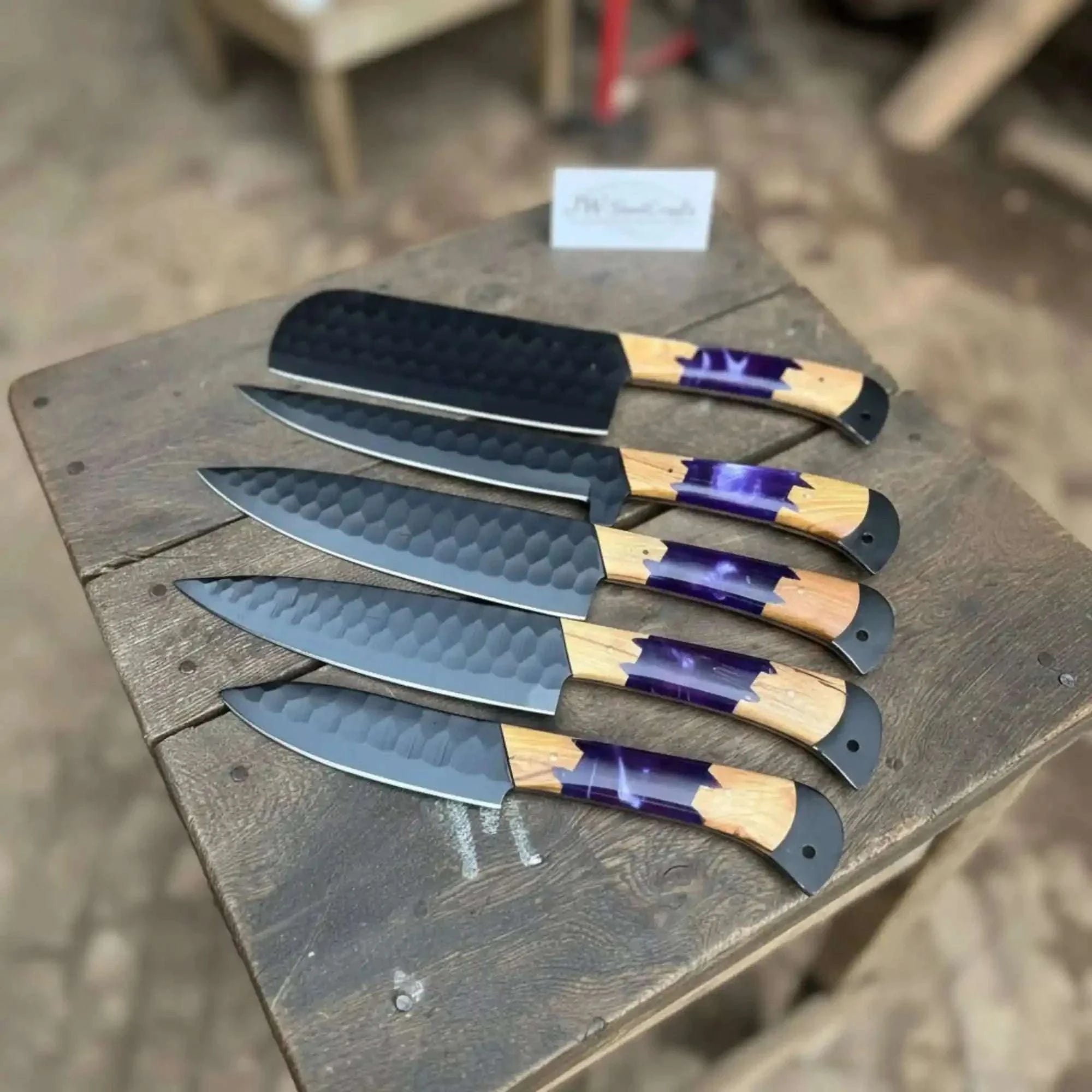Palmarius Outdoors 5-Piece Chef Knife Set with Hammered Black Blades, Purple Resin & Olive Wood Handles Handmade Chef Knife Sets