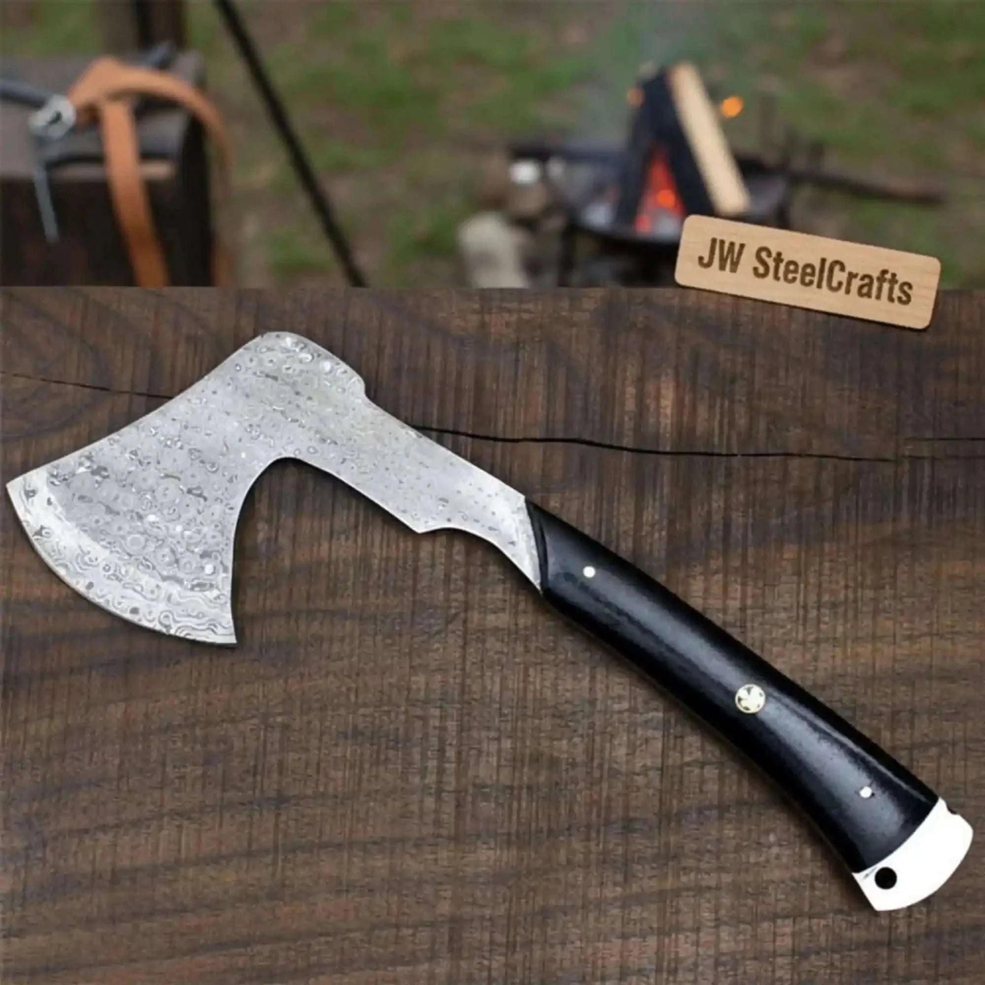 Palmarius Outdoors Damascus Full Tang Camping Hatchet with Raindrop Forged Head Handmade Axe