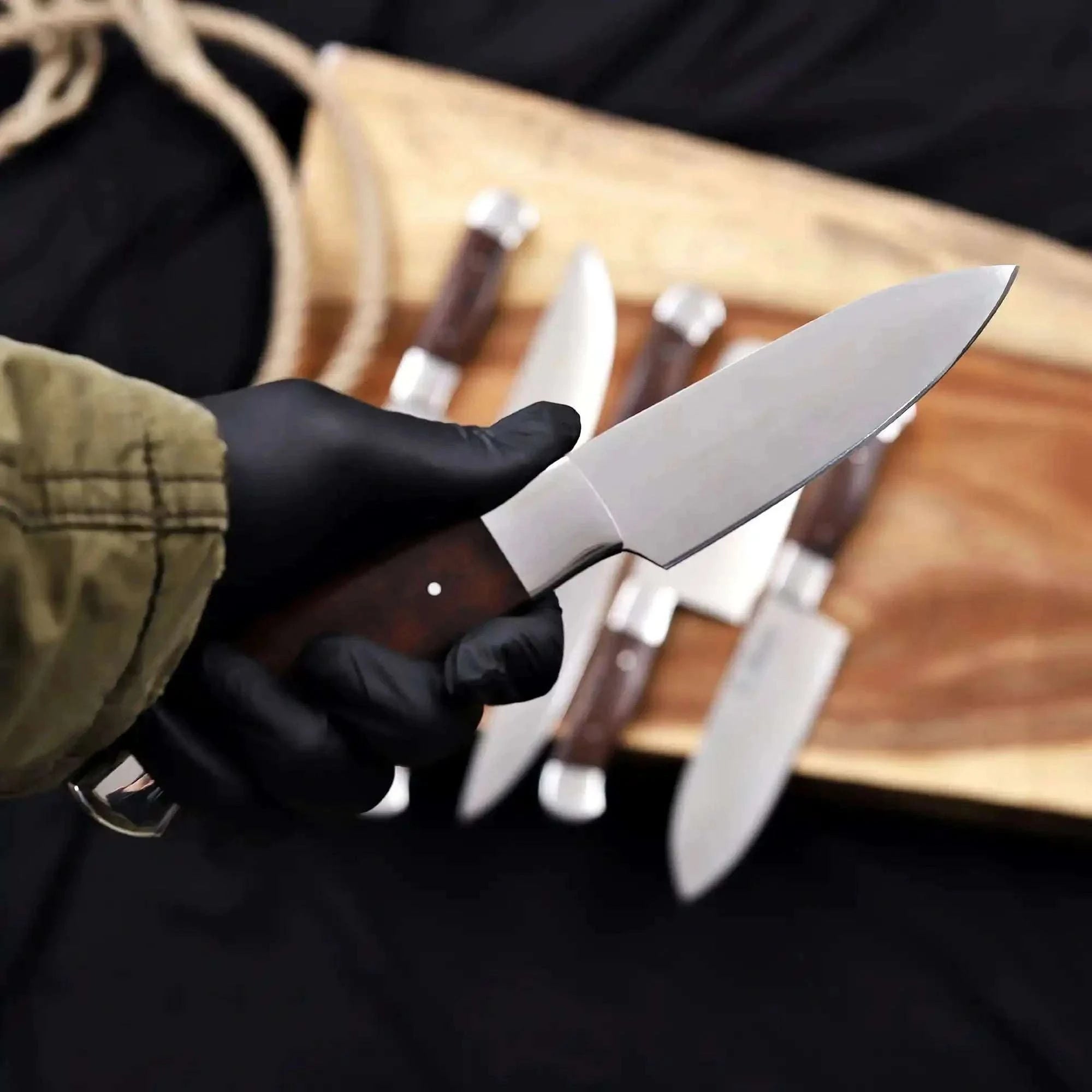 Palmarius Outdoors 6-Piece High Carbon Steel Kitchen Knife Set with Leather Roll — Olive Wood Handles, Steel Bolsters, 7 to 12 Inc Handmade Chef Knife Sets