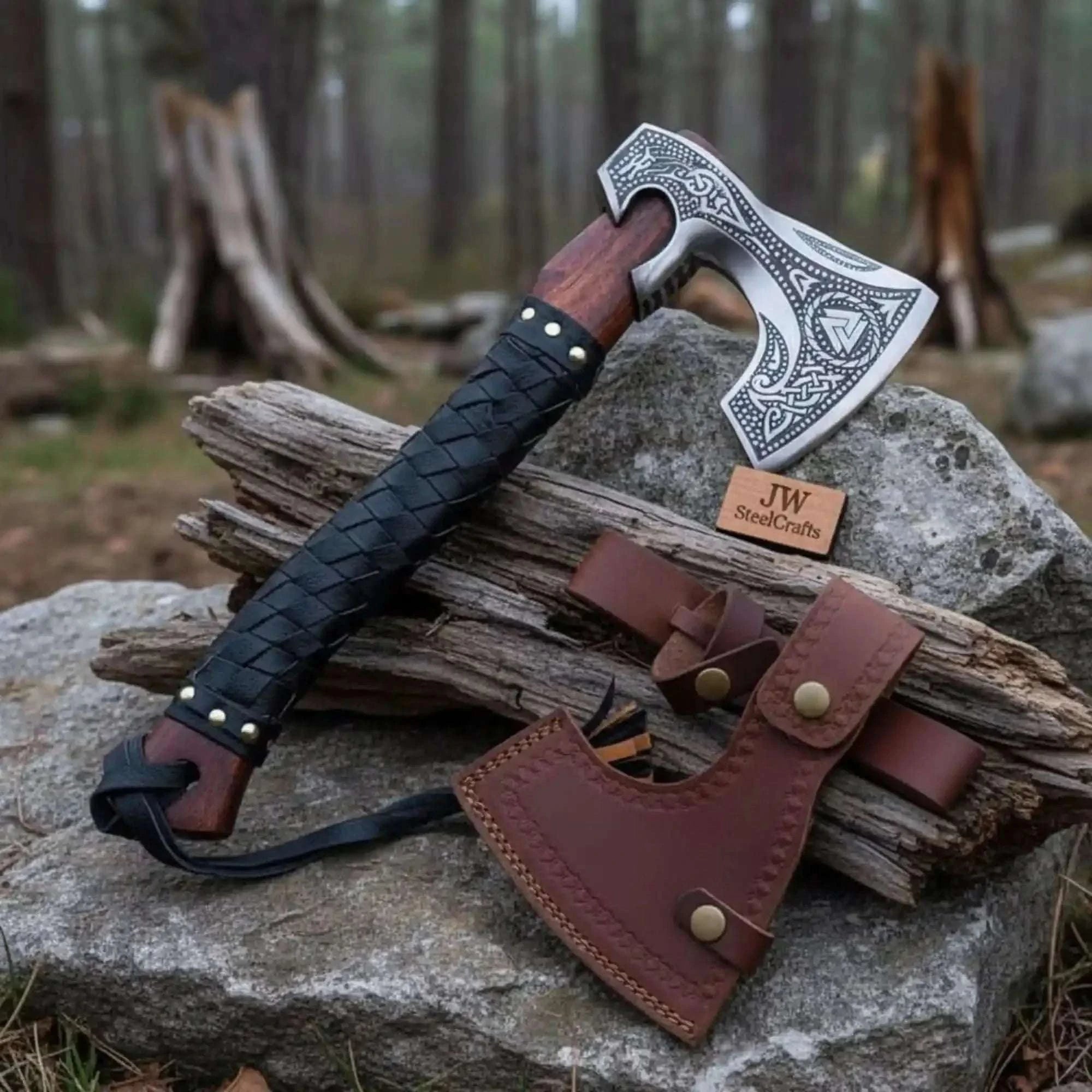 Palmarius Outdoors Norse Engraved Camp Hatchet with Leather Wrapped Handle and Belt Sheath | JW SteelCrafts Handmade Axe