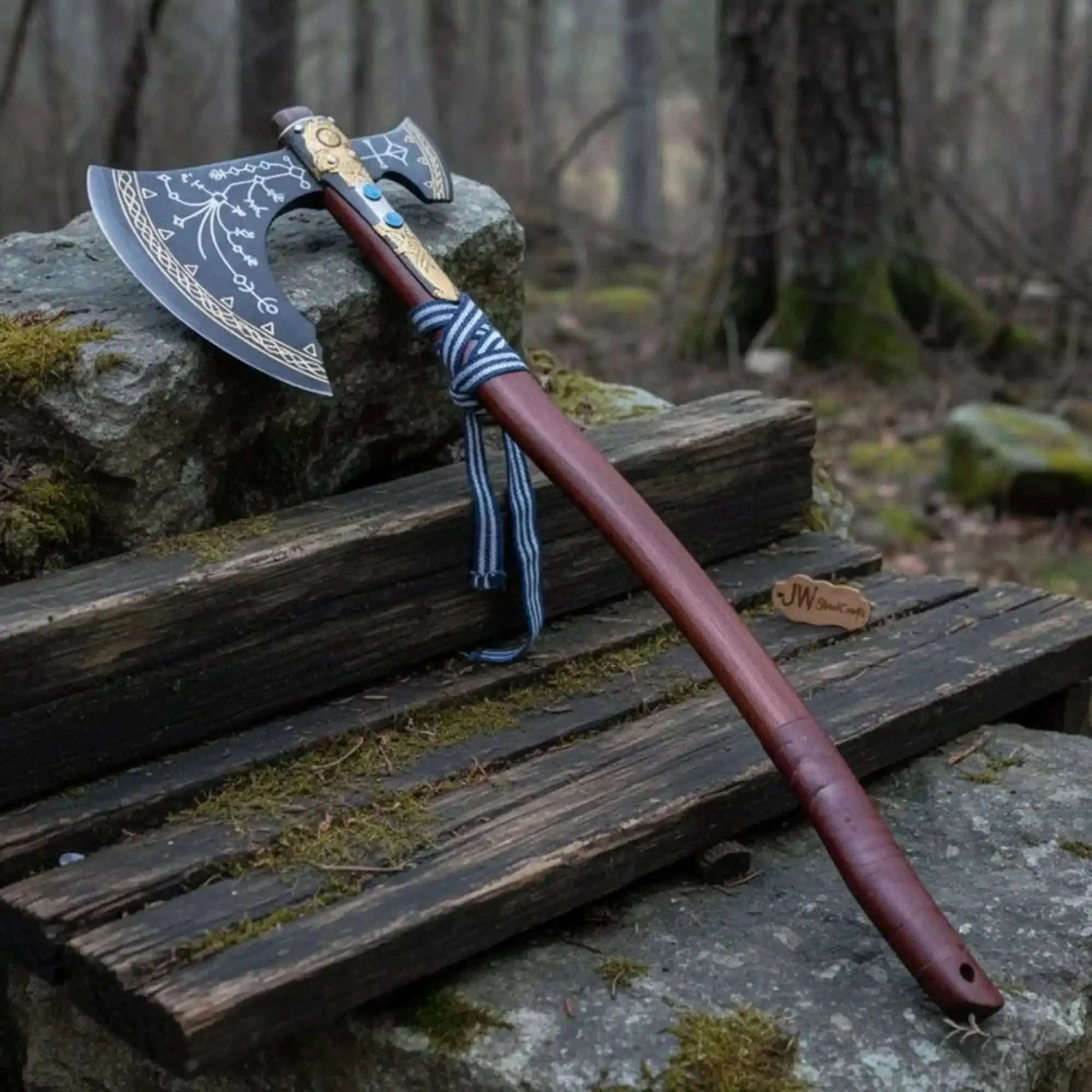 Palmarius Outdoors Hand Forged Viking Fantasy Double-Bit Axe with Norse Engraving, Gold Handle Fittings and Blue Gemstone Inlays Handmade Axe