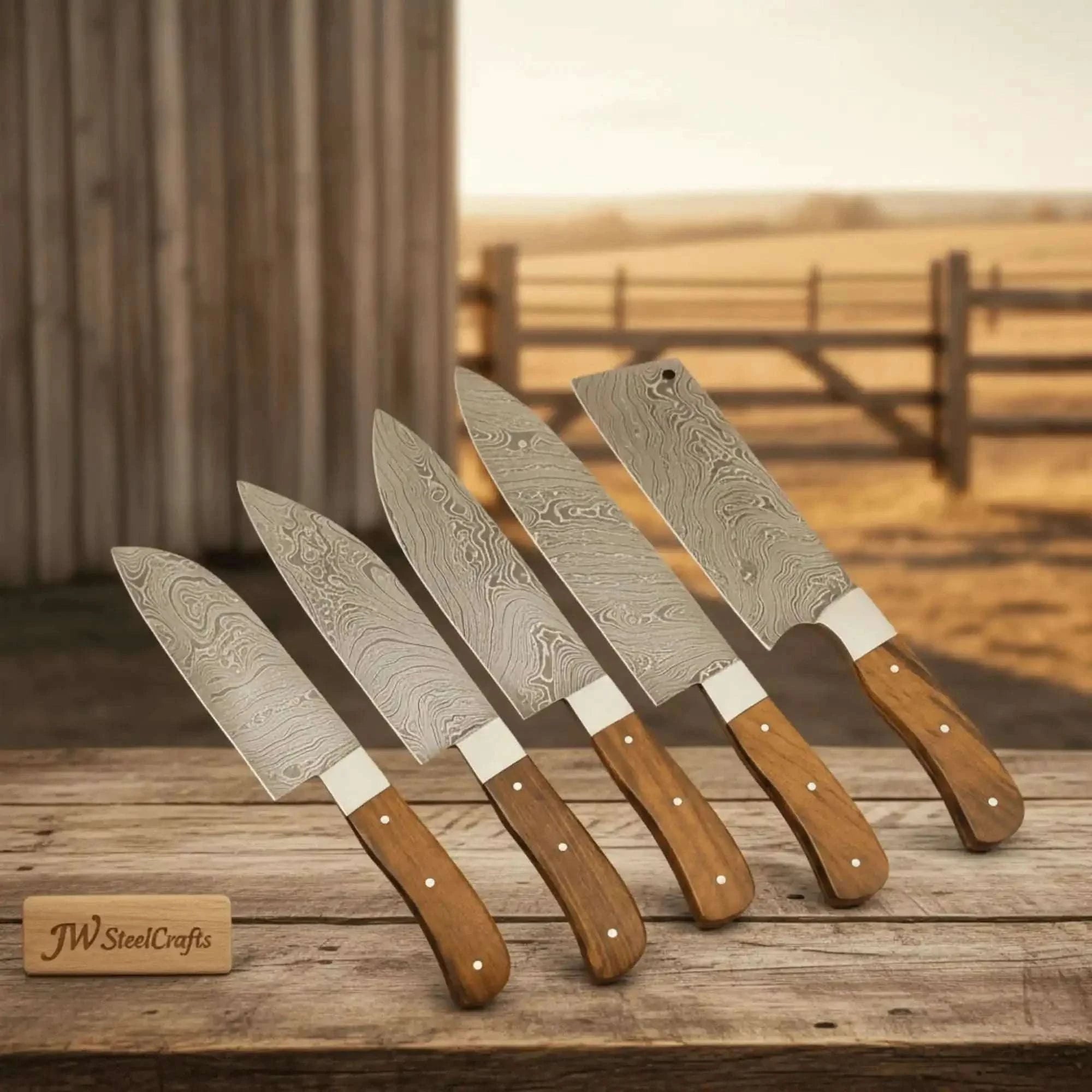 Palmarius Outdoors 5 Piece Damascus Kitchen Knife Set - Walnut Wood Handle Professional Cooking Knife Set Handmade Chef Knife Sets