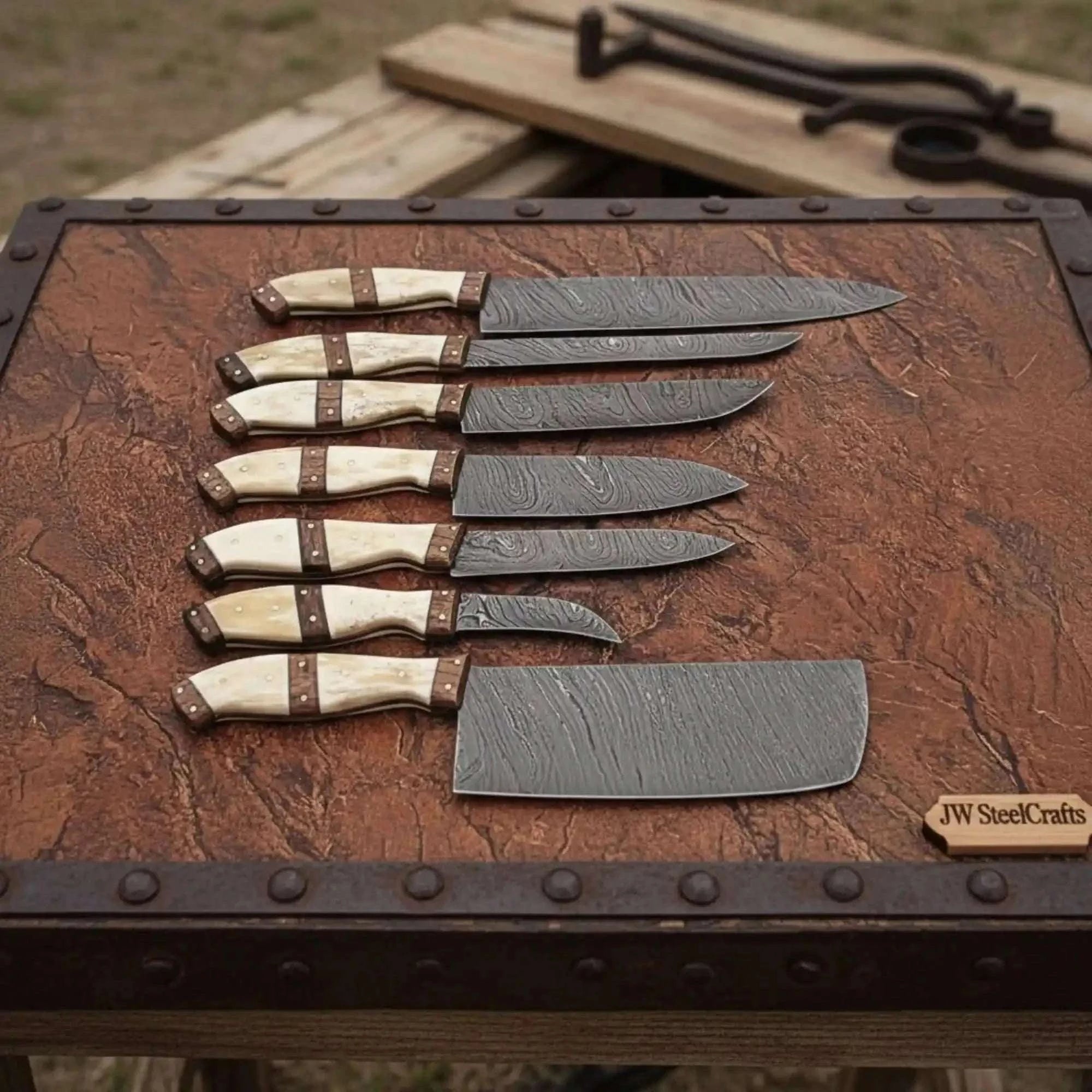 Palmarius Outdoors 7-Piece Damascus Kitchen Knife Set — Bread, Cleaver, Chef, Santoku, Fillet, Boning & Utility Handmade Chef Knife Sets