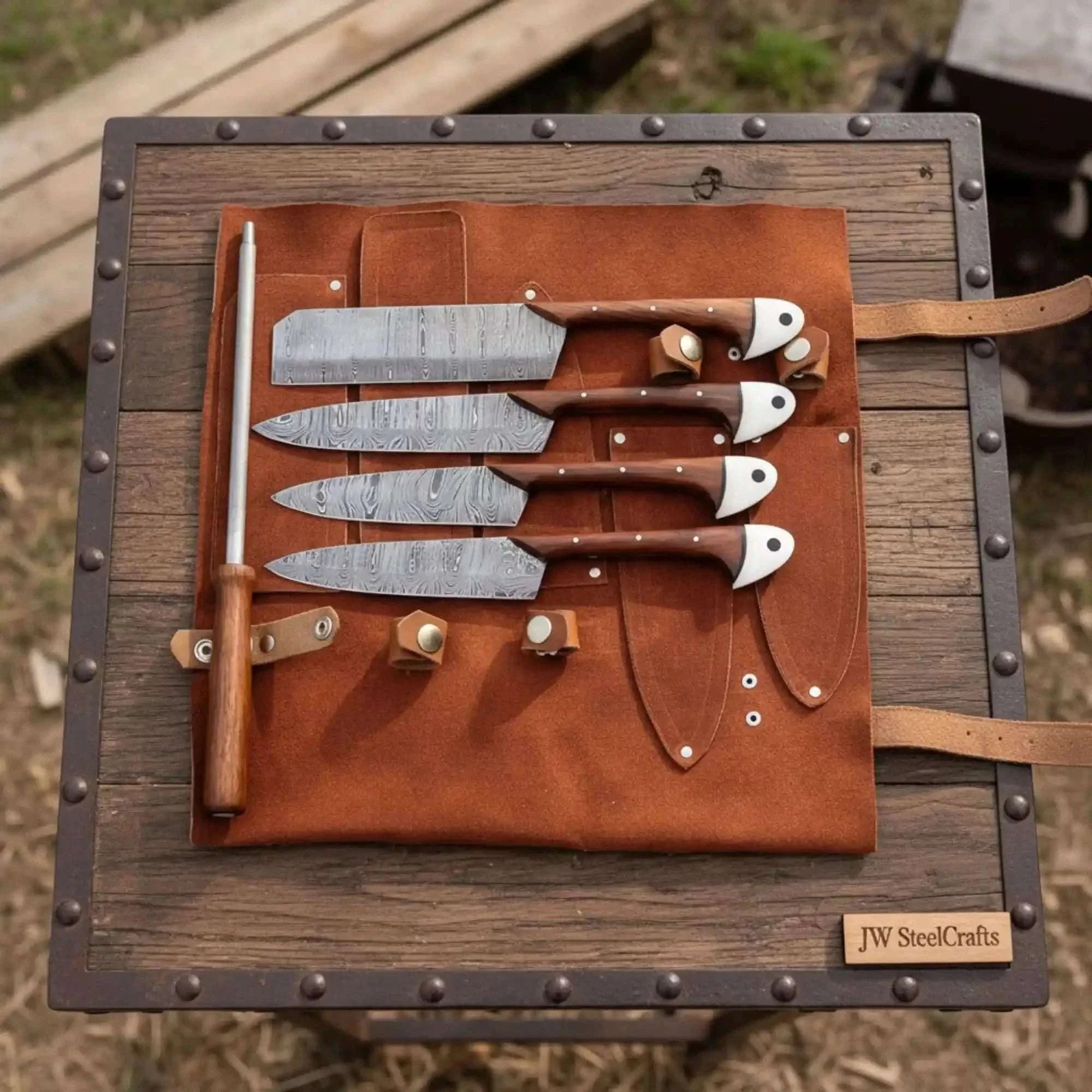 Palmarius Outdoors Hand-Forged Damascus Chef Knife Set with Leather Roll & Sharpening Rod - Rosewood Handle Collection Handmade Chef Knife Sets