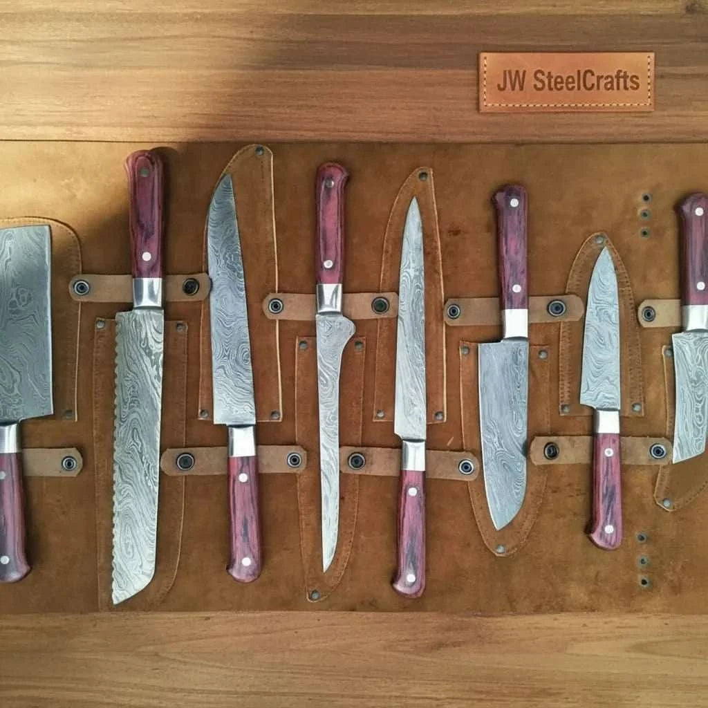 Palmarius Outdoors 8-Piece Damascus Kitchen Knife Set — Red Pakka Wood Handles Handmade Chef Knife Sets