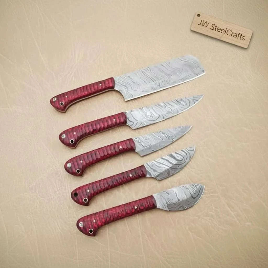 Palmarius Outdoors 6-Piece Damascus Knife Set with Red Wood Handles and Brass Pins Handmade Chef Knife Sets