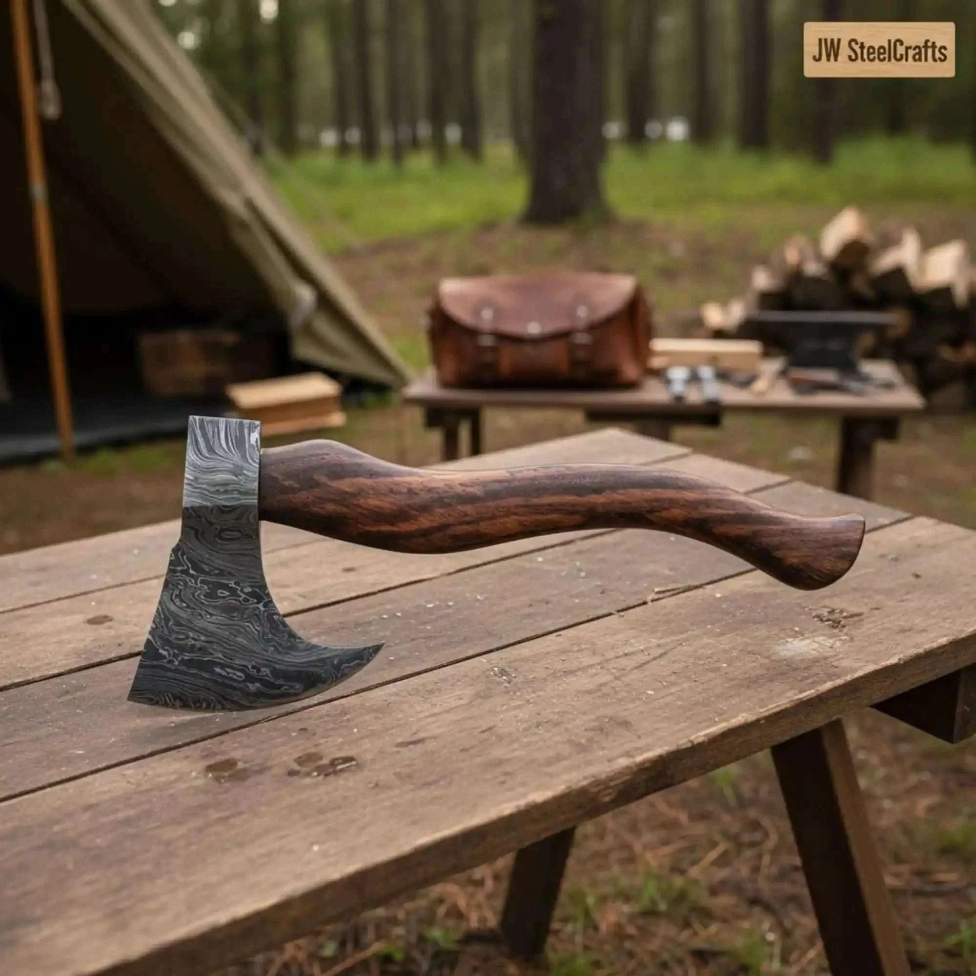 Palmarius Outdoors Hand-Forged Damascus Bearded Bushcraft Hatchet with Curved Hardwood Handle Handmade Axe