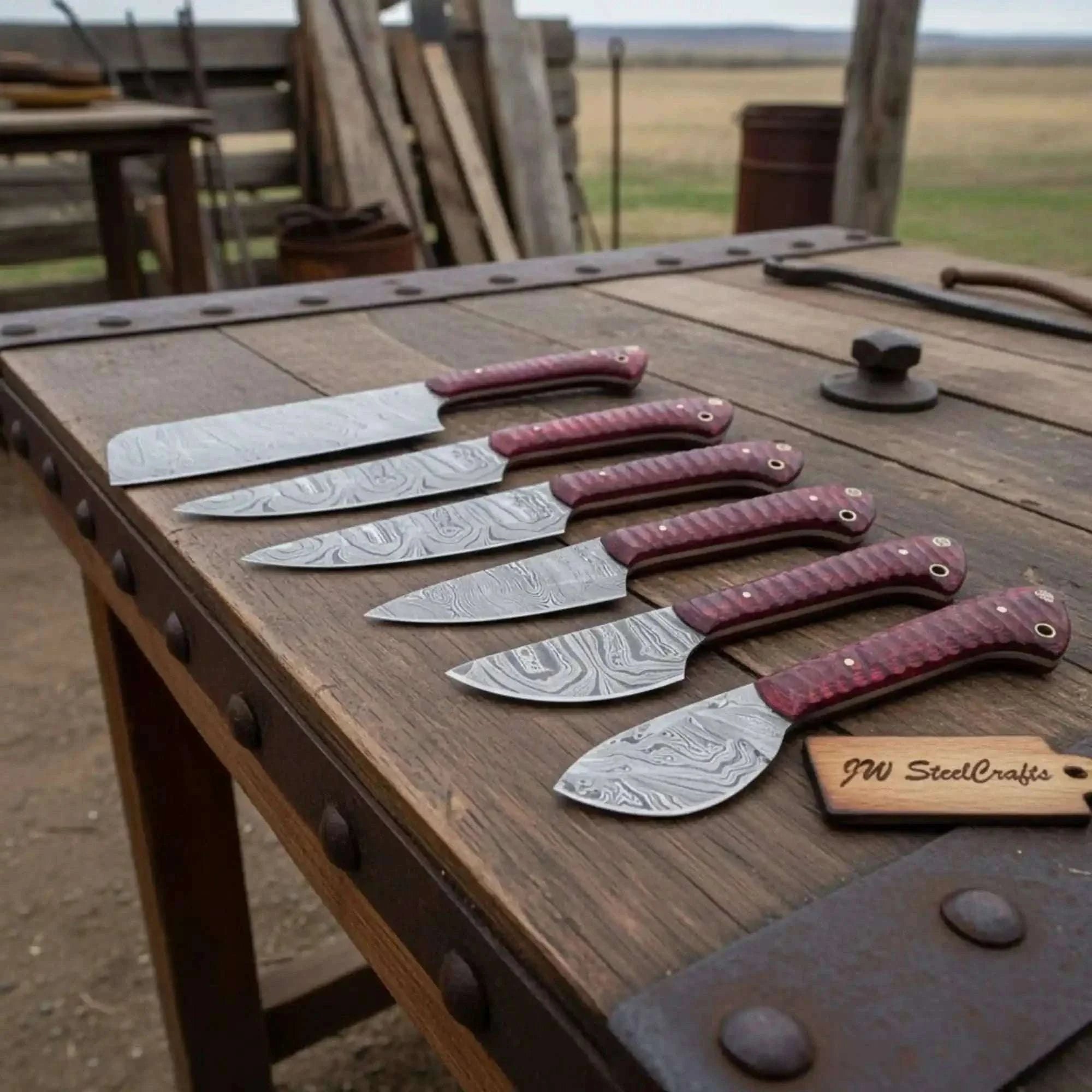 Palmarius Outdoors 6-Piece Damascus Knife Set with Red Wood Handles and Brass Pins Handmade Chef Knife Sets