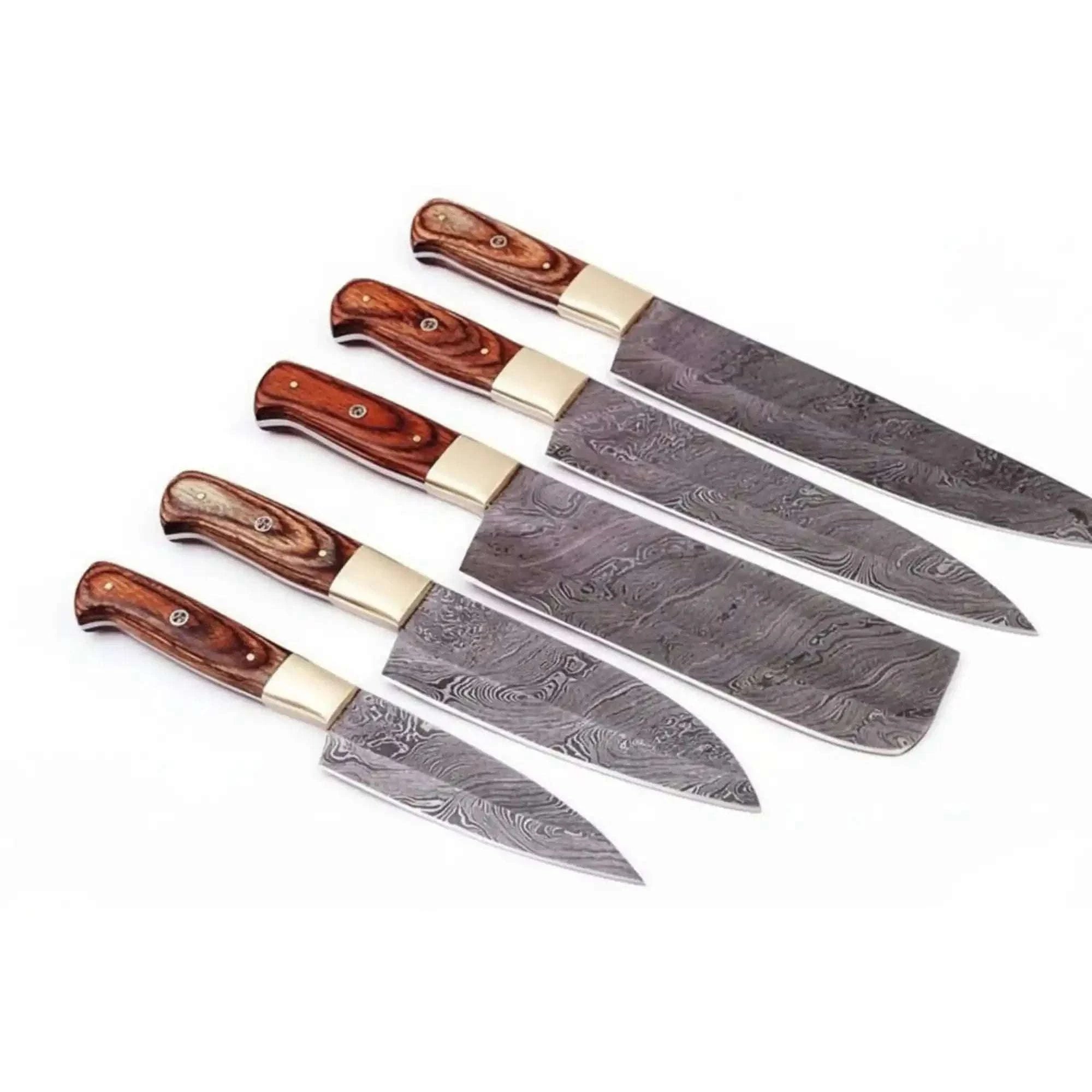 Palmarius Outdoors 5-Piece Forged Damascus Culinary Knife Set with Pakka Wood Handles and Wood Grain Blades Handmade Chef Knife Sets