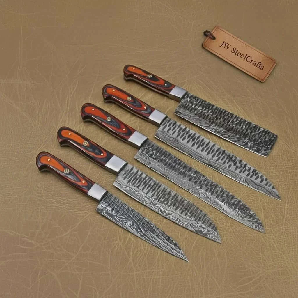 Palmarius Outdoors 5-Piece Damascus Knife Set Orange Black Pakka Wood Handles with Hammered Tsuchime Blades Handmade Chef Knife Sets