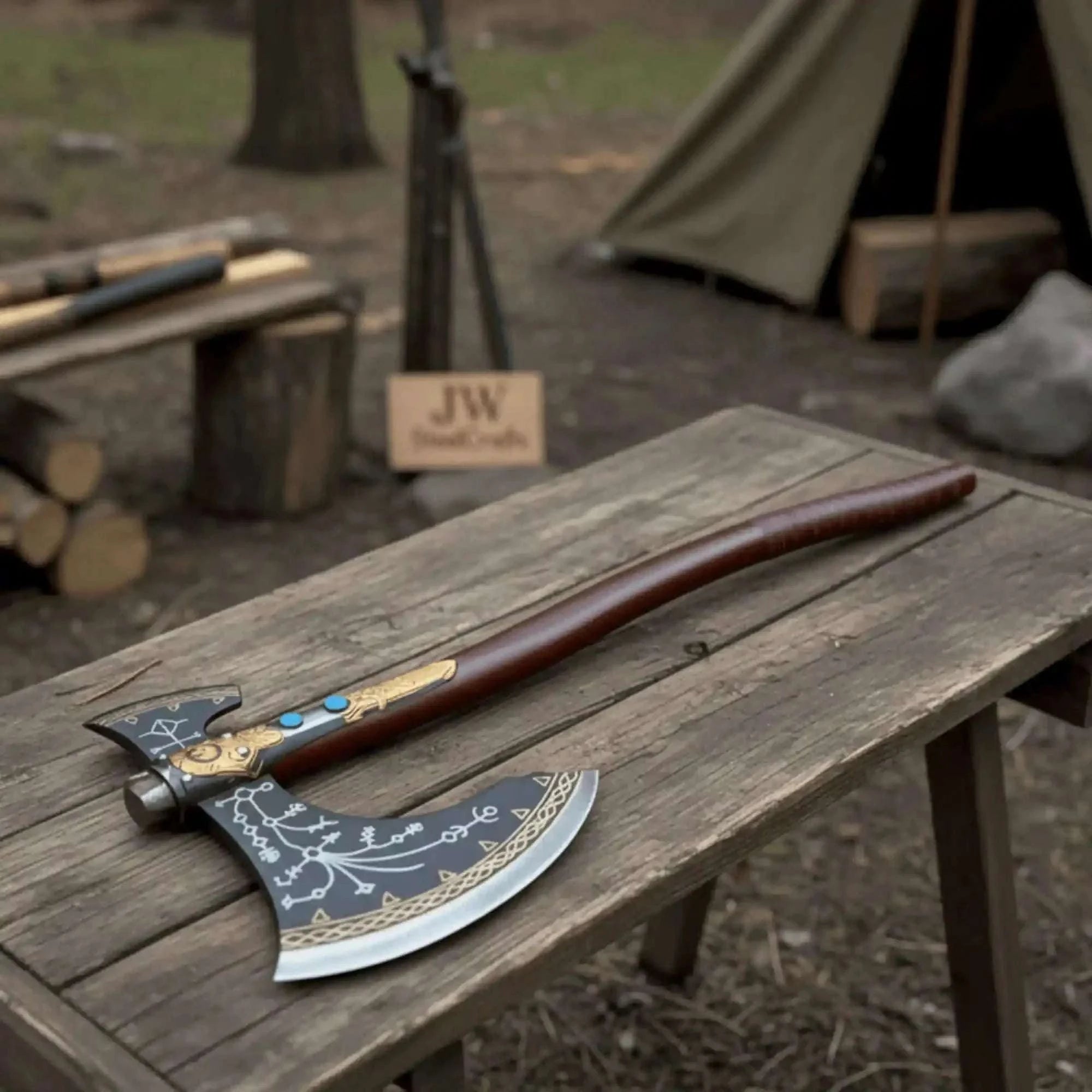 Palmarius Outdoors Hand Forged Viking Fantasy Double-Bit Axe with Norse Engraving, Gold Handle Fittings and Blue Gemstone Inlays Handmade Axe