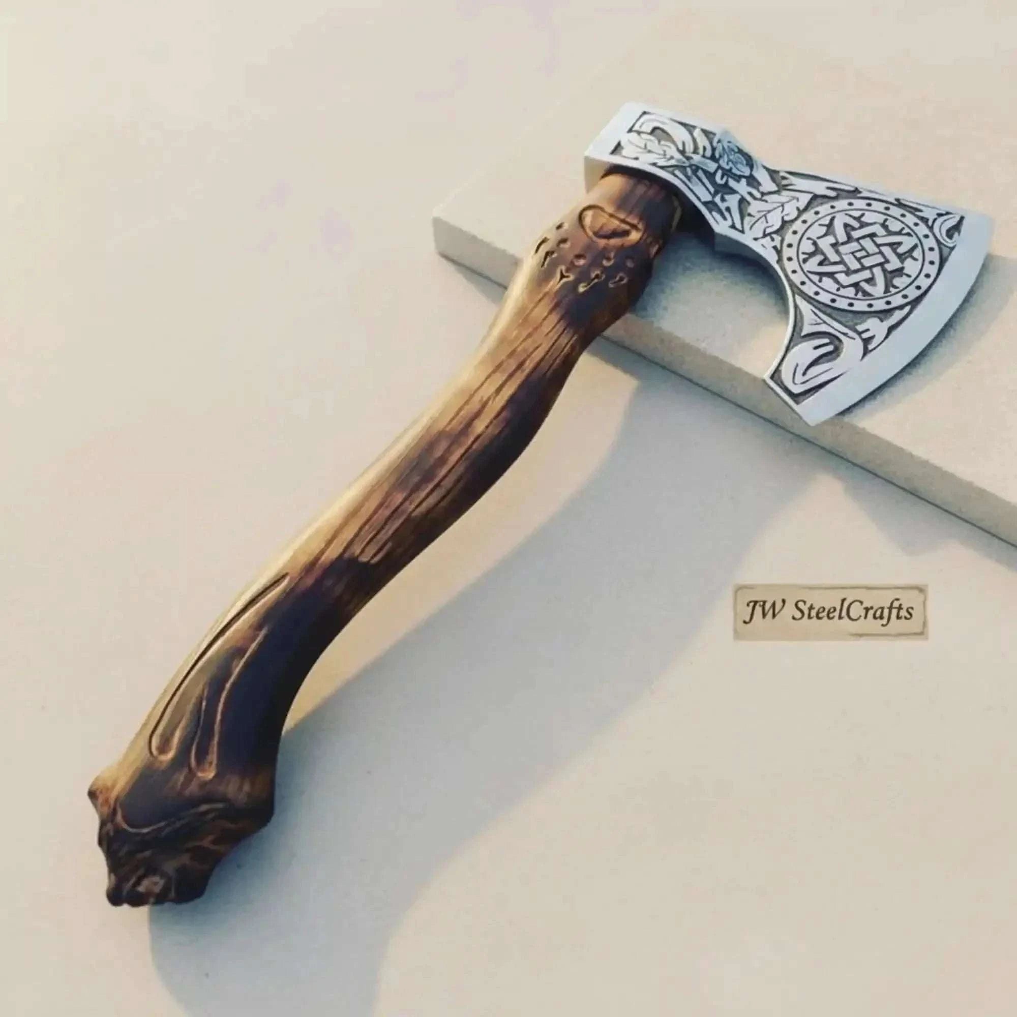 Palmarius Outdoors Handcrafted Viking Bearded Axe Engraved Blade Wolf Carved Wooden Handle Functional Sharp Edge 