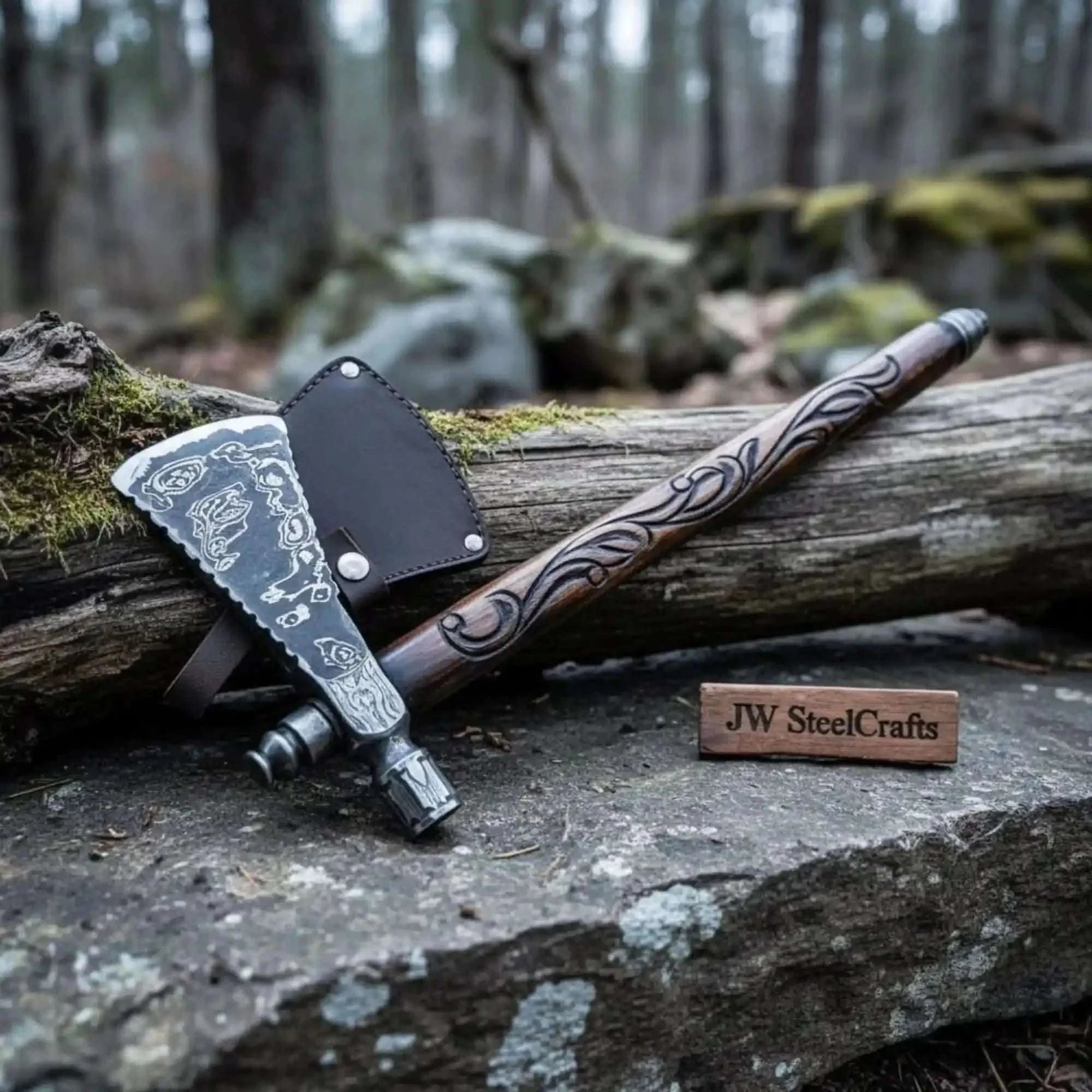 Palmarius Outdoors Custom Hand Forged Damascus Steel Smoking Axe – Functional Pipe Axe with Carved Hardwood Shaft Handmade Axe