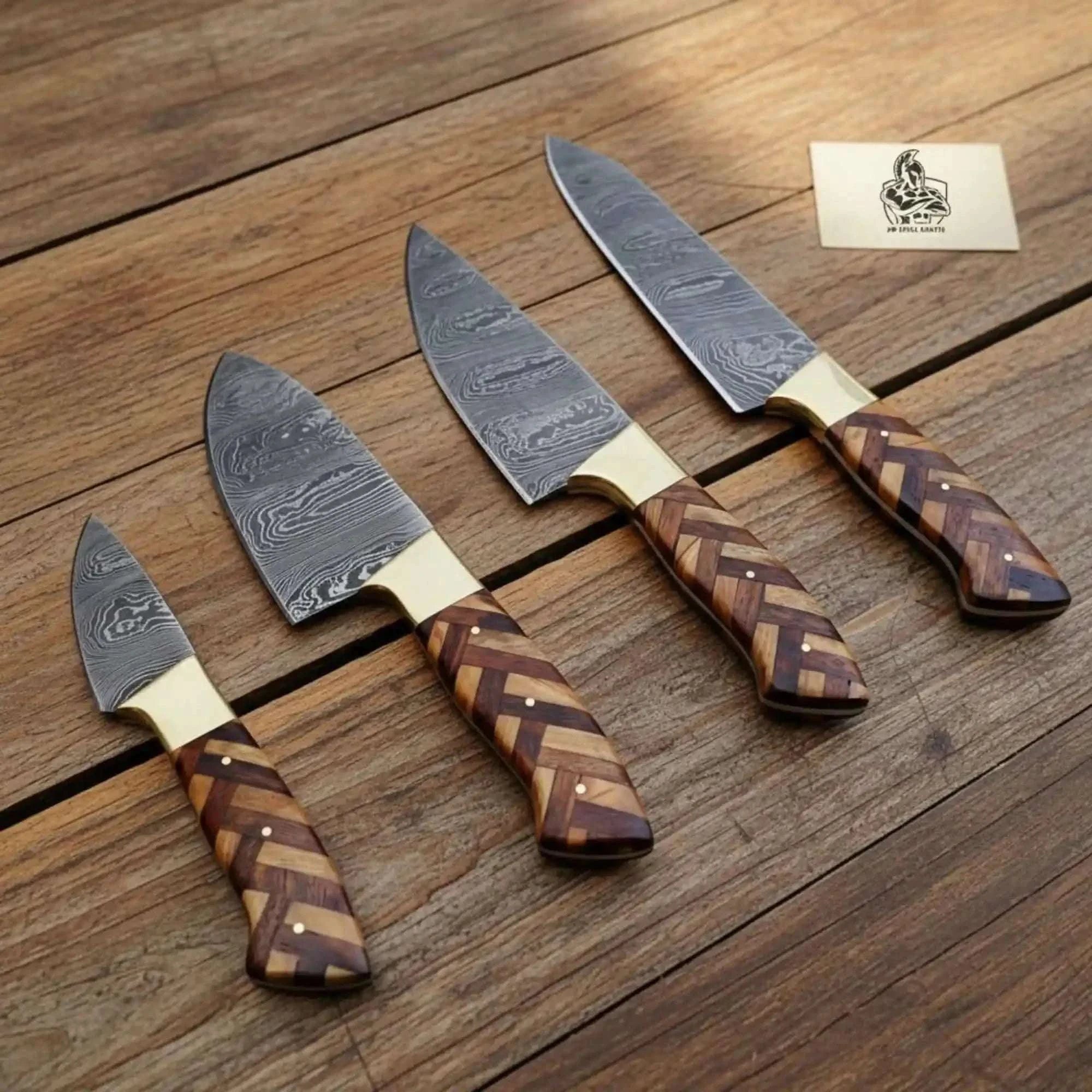 Palmarius Outdoors Custom Made Chef Knife Set with 4-Piece Damascus Blades and Chevron Wood Handles Handmade Chef Knife Sets