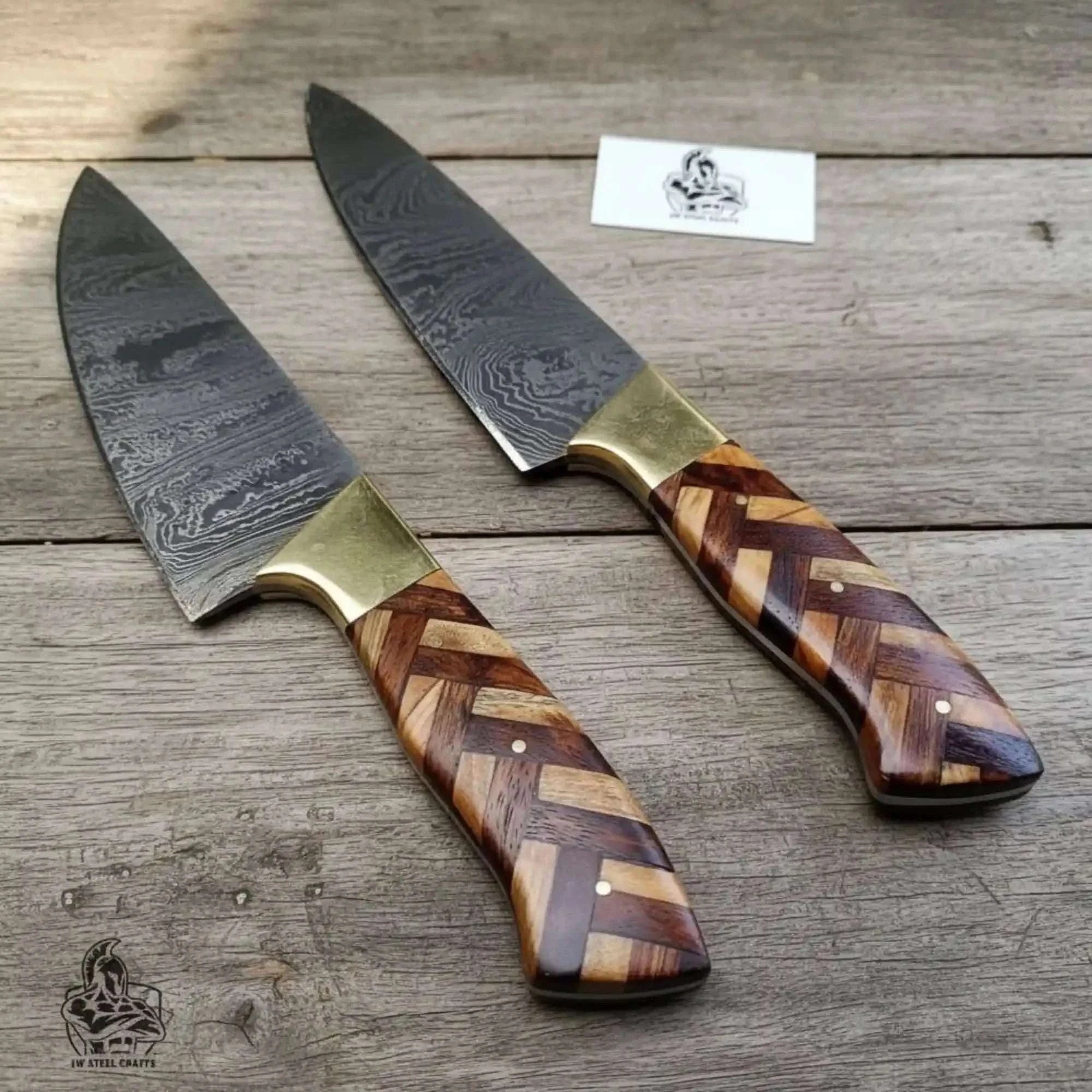 Palmarius Outdoors Custom Made Chef Knife Set with 4-Piece Damascus Blades and Chevron Wood Handles Handmade Chef Knife Sets