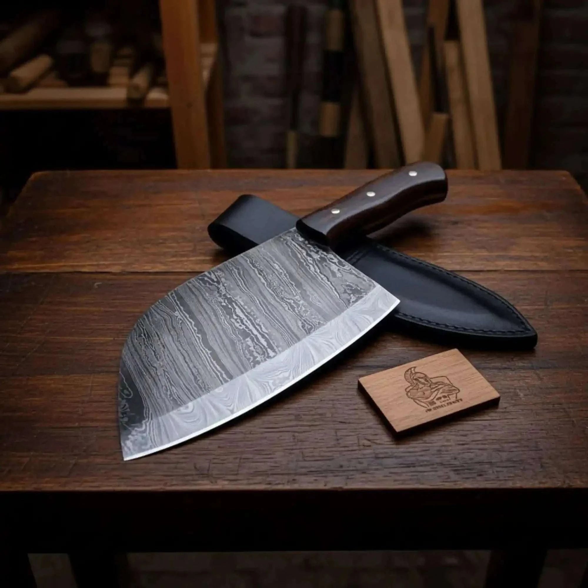 Palmarius Outdoors 12-Inch Serbian Damascus Cleaver — Rosewood Handle & Leather Sheath Cleaver Knives