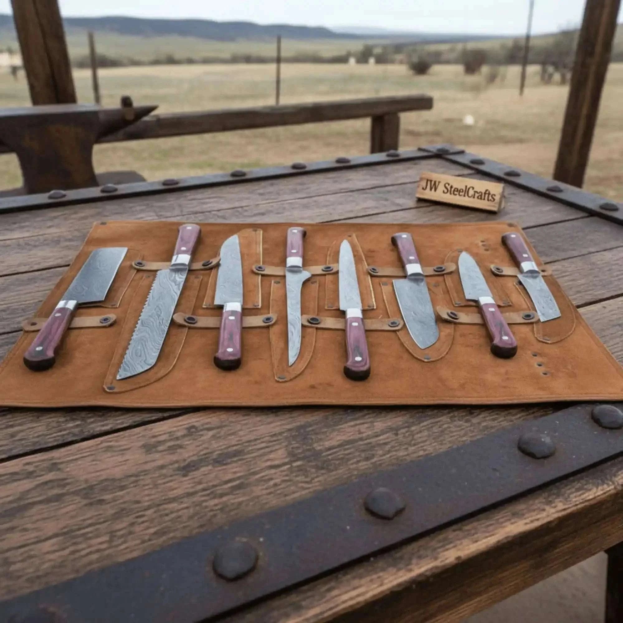 Palmarius Outdoors 8-Piece Damascus Kitchen Knife Set — Red Pakka Wood Handles Handmade Chef Knife Sets