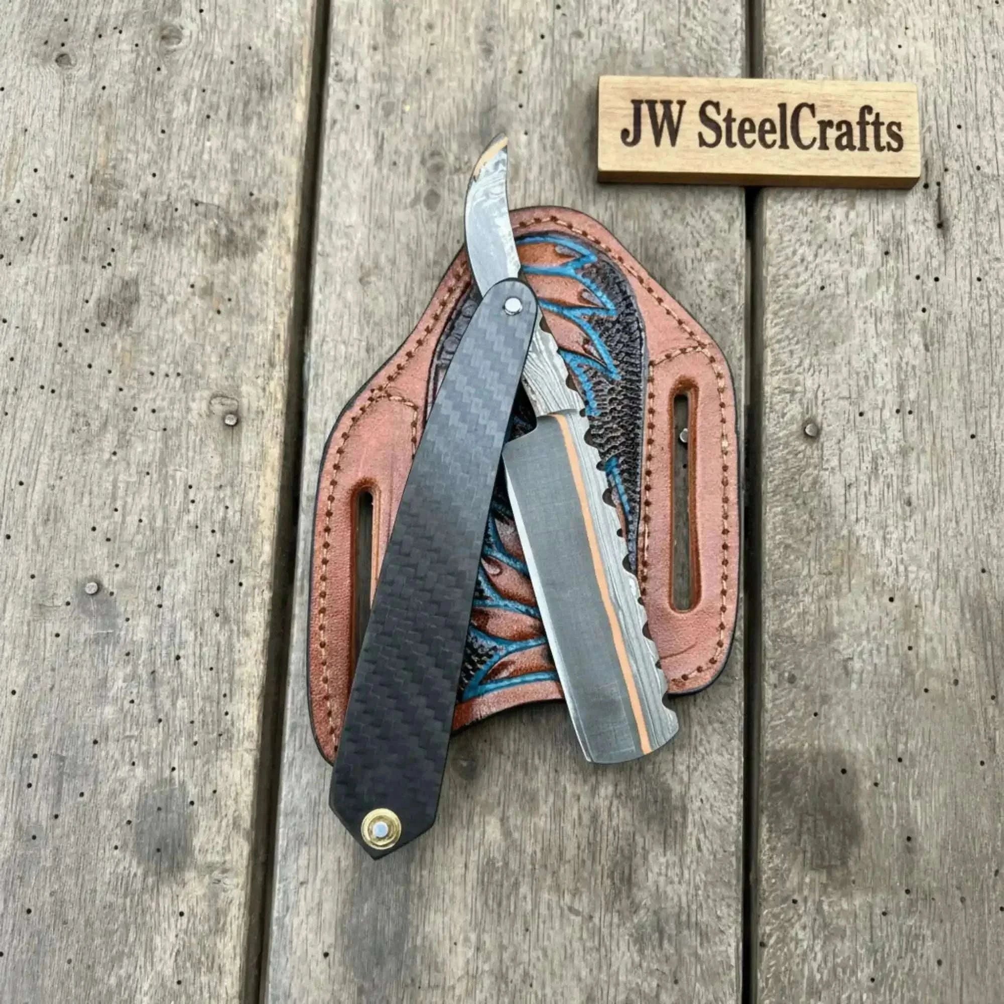Palmarius Outdoors Copper Damascus Straight Razor Carbon Fiber Handle Barber Razor 