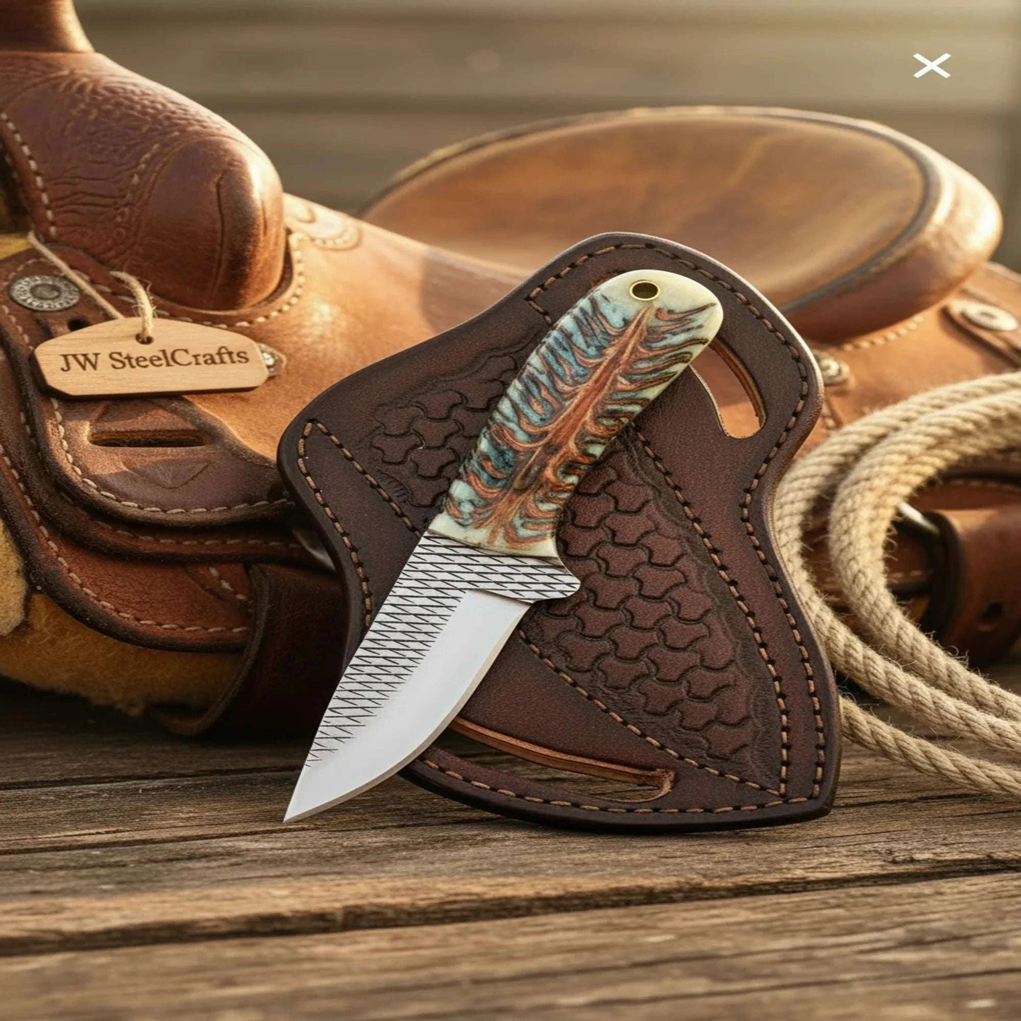 Palmarius Outdoors Handmade Cowboy Fixed Blade Knife Resin Handle Western Pancake Leather Sheath 