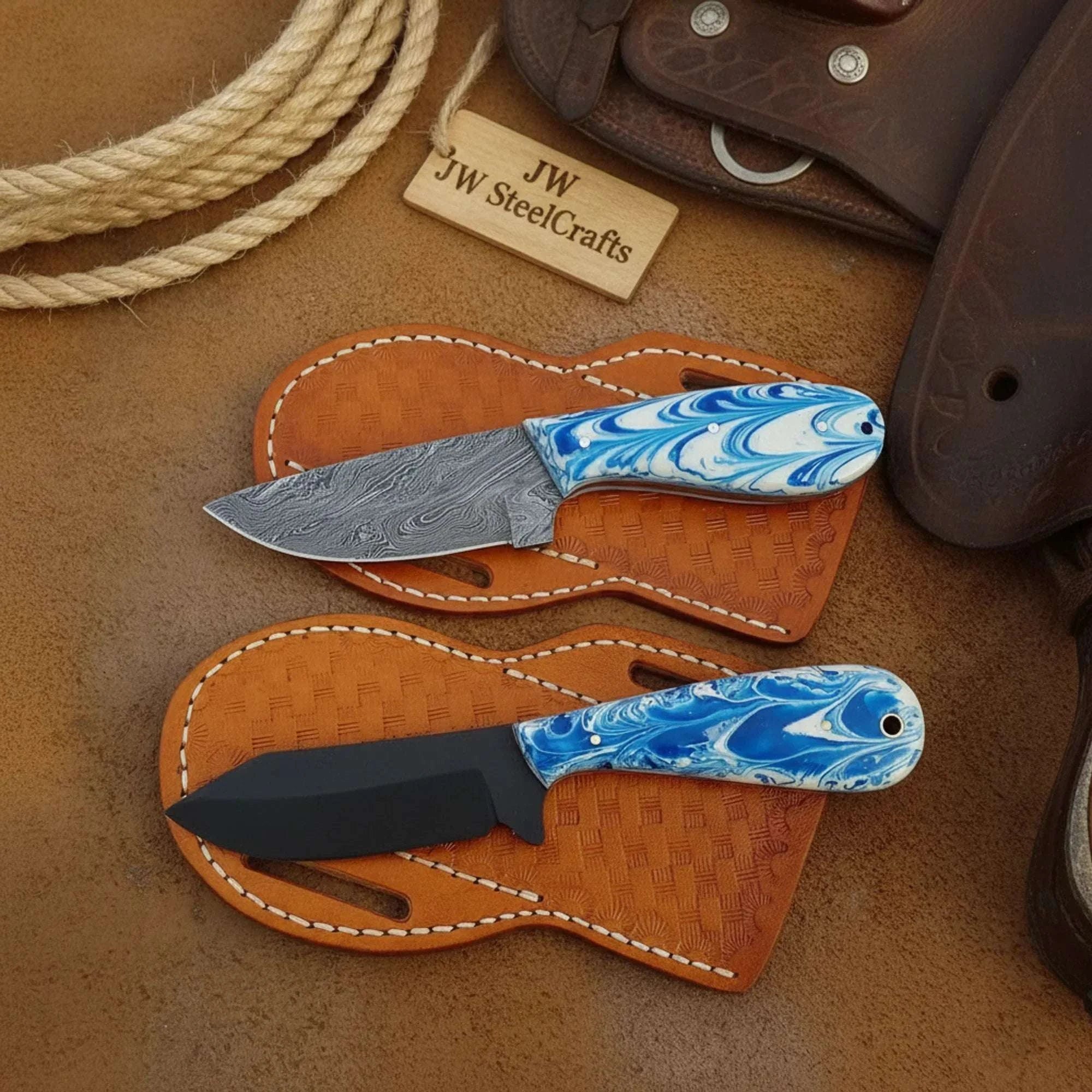 Palmarius Outdoors Set of 2 Cowboy Knives Blue Resin Handle Damascus Black Blade Western Pancake Sheaths 
