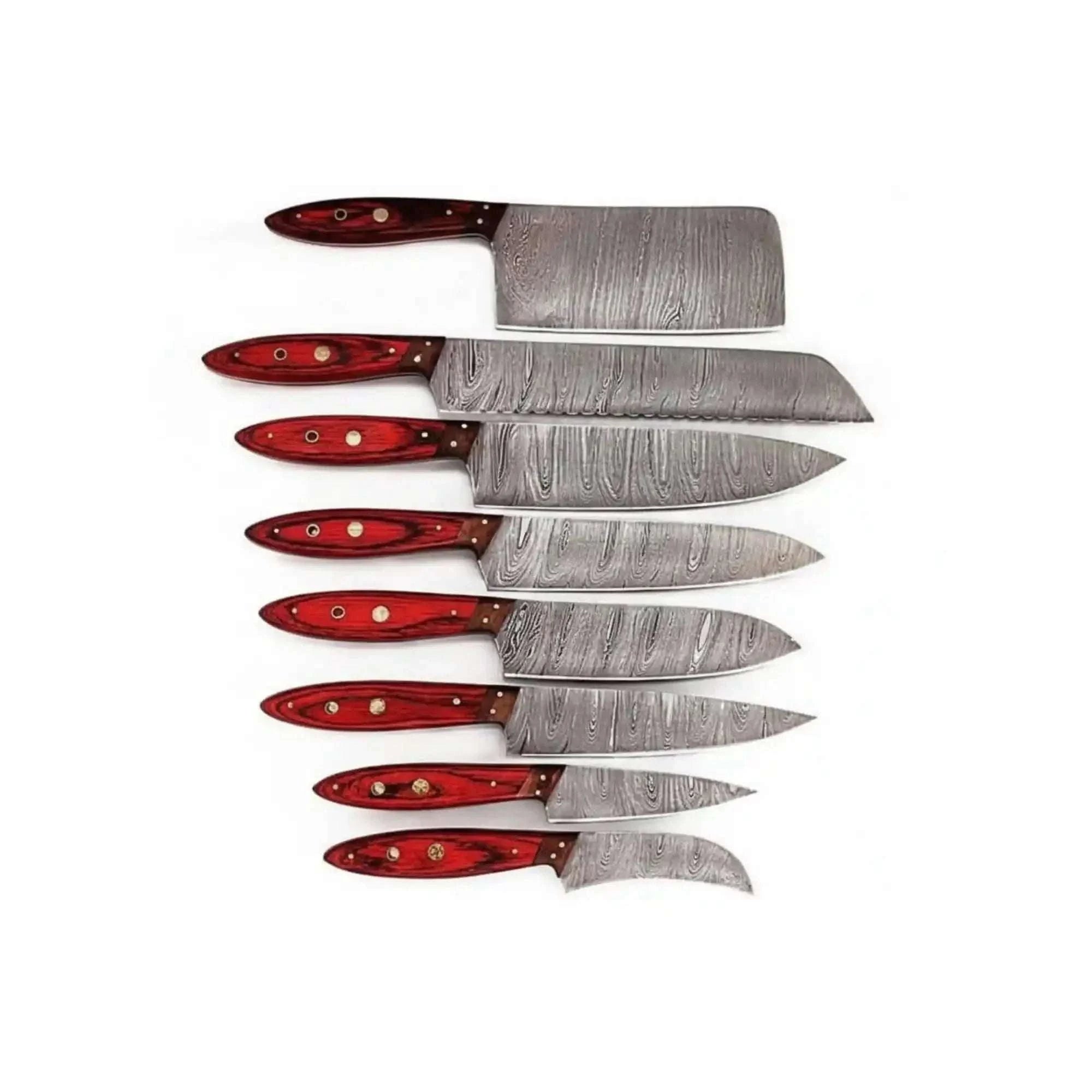 Palmarius Outdoors JW SteelCrafts Handmade Damascus Kitchen Knife Set of 8, Cleaver, Santoku, Gyuto Chef, Utility, Boning and Skinning Knives, Red Pakka Wood Handle, Full Tang Handmade Chef Knife Sets